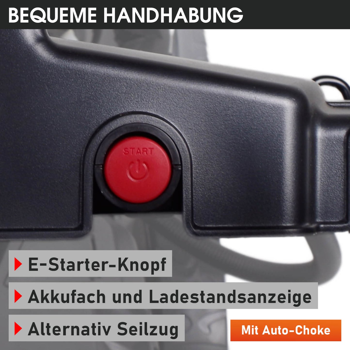 Roter E-Start-Knopf an schwarzem Rasenmähergriff mit Anzeige für Akku und Ladestand.