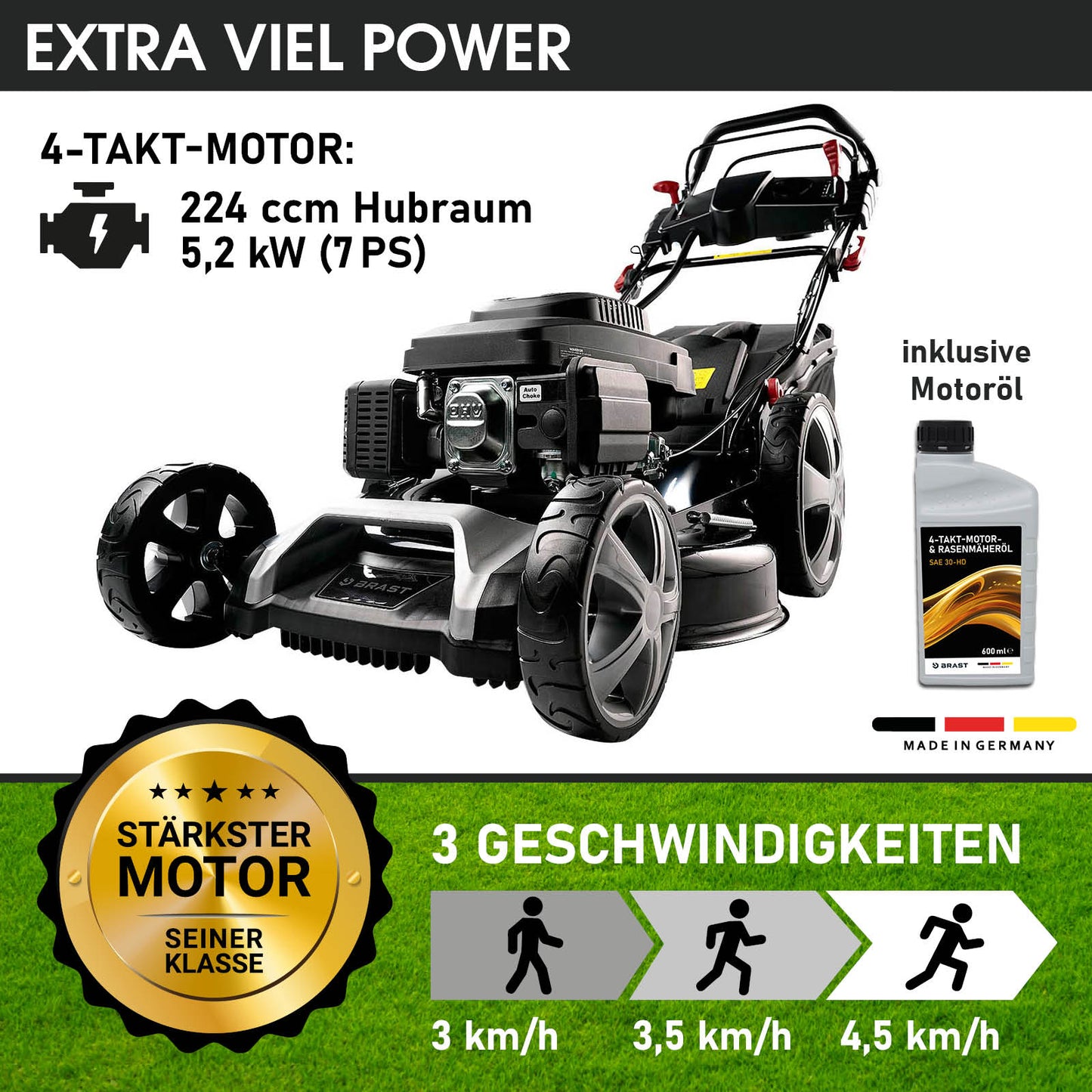 Schwarzer Benzinrasenmäher mit großem Motor, E-Start, Mulchfunktion und drei Geschwindigkeiten, inklusive Motorölflasche.