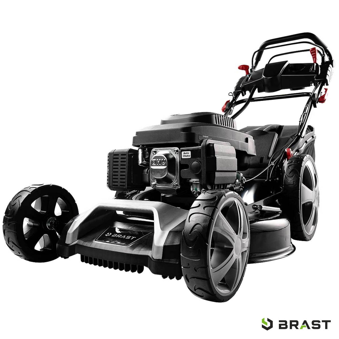 Benzinbetriebener BRAST Rasenmäher mit großem Antrieb, Mulchfunktion und Elektrostart, schwarzes Gehäuse.