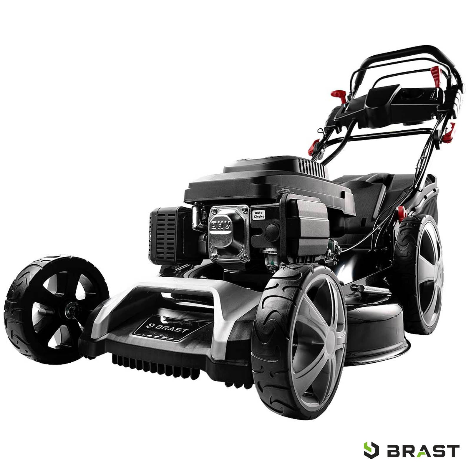 Benzinbetriebener BRAST Rasenmäher mit großem Antrieb, Mulchfunktion und Elektrostart, schwarzes Gehäuse.