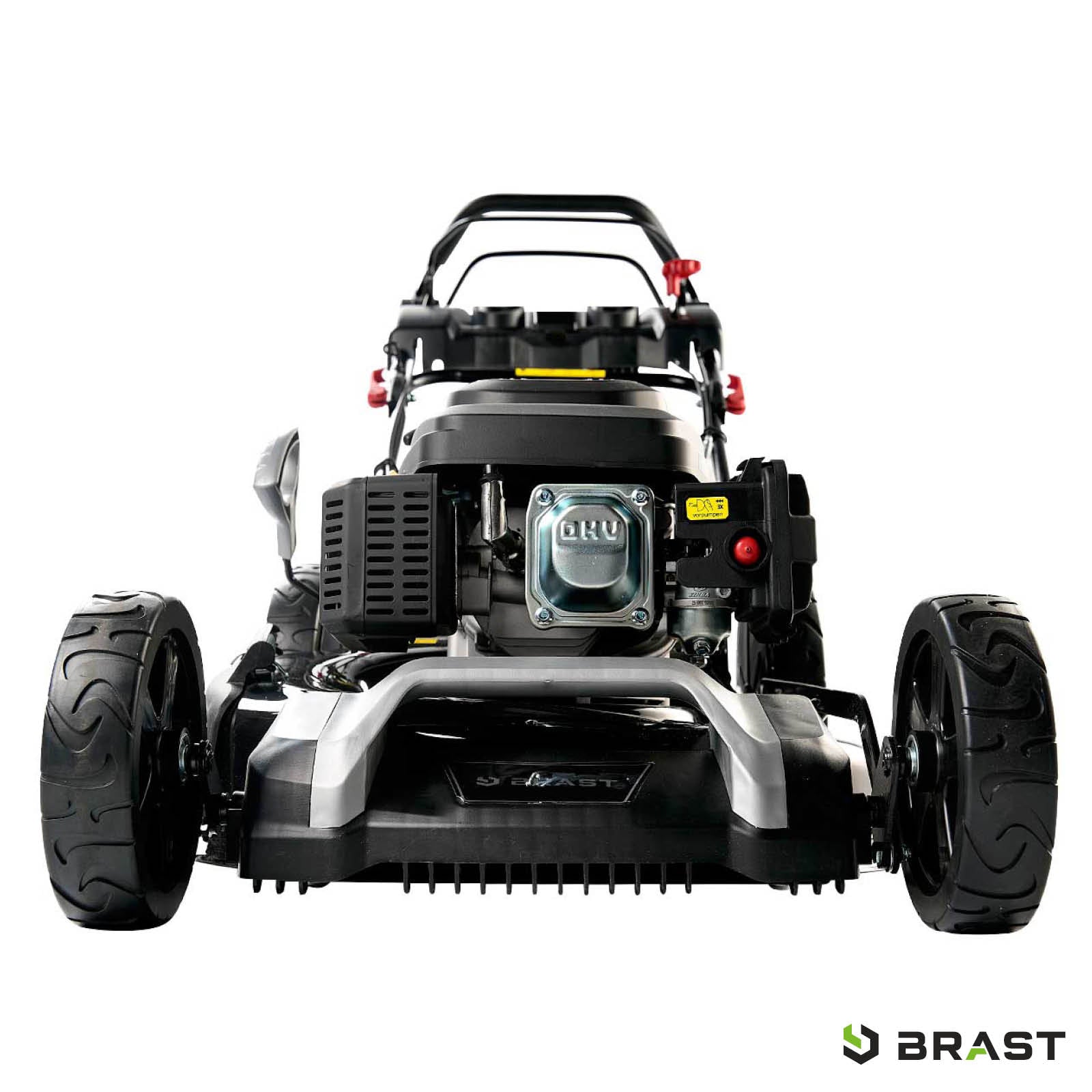 Benzin Rasenmäher mit Elektrostarter, 21 Zoll Schnittbreite, großer Motor, robuste Räder, Mulchfunktion.