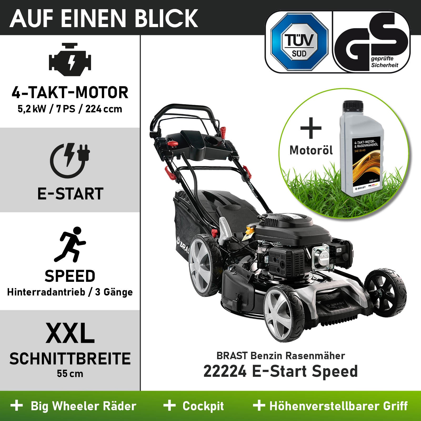 Schwarzer BRAST Benzin-Rasenmäher mit 4-Takt-Motor, E-Start, 55 cm Schnittbreite, inkl. Motorölflasche.