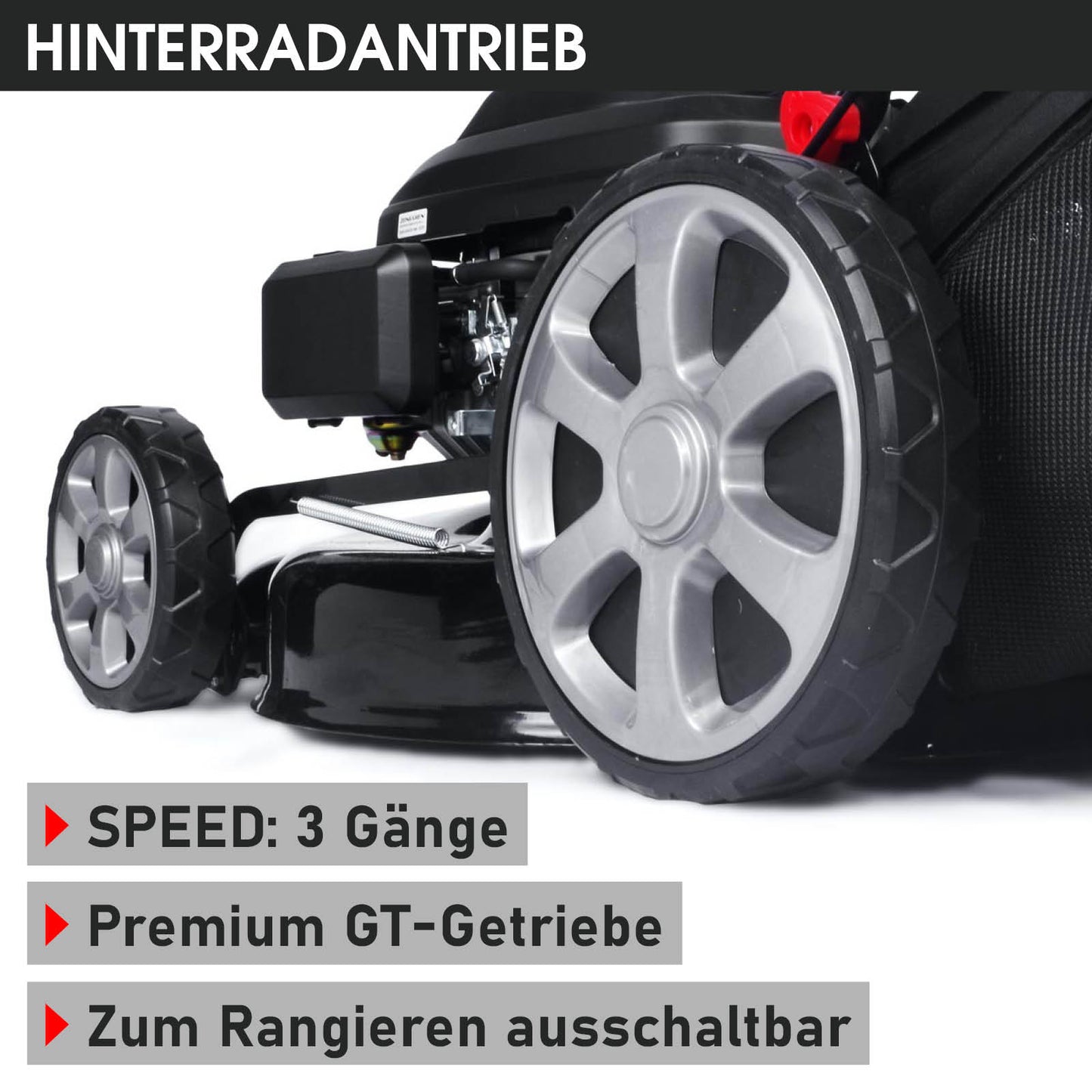 Benzin-Rasenmäher mit großem Hinterradantrieb, Speed 3 Gänge, Premium GT-Getriebe, schaltbar zum Rangieren.