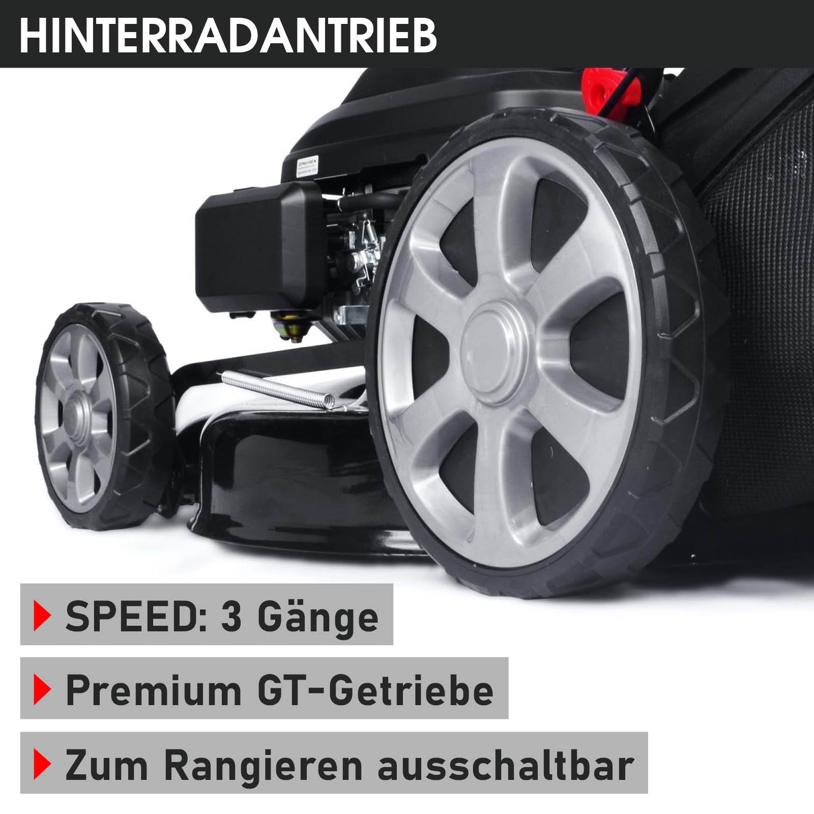 Benzin-Rasenmäher mit großem Hinterradantrieb, Speed 3 Gänge, Premium GT-Getriebe, schaltbar zum Rangieren.