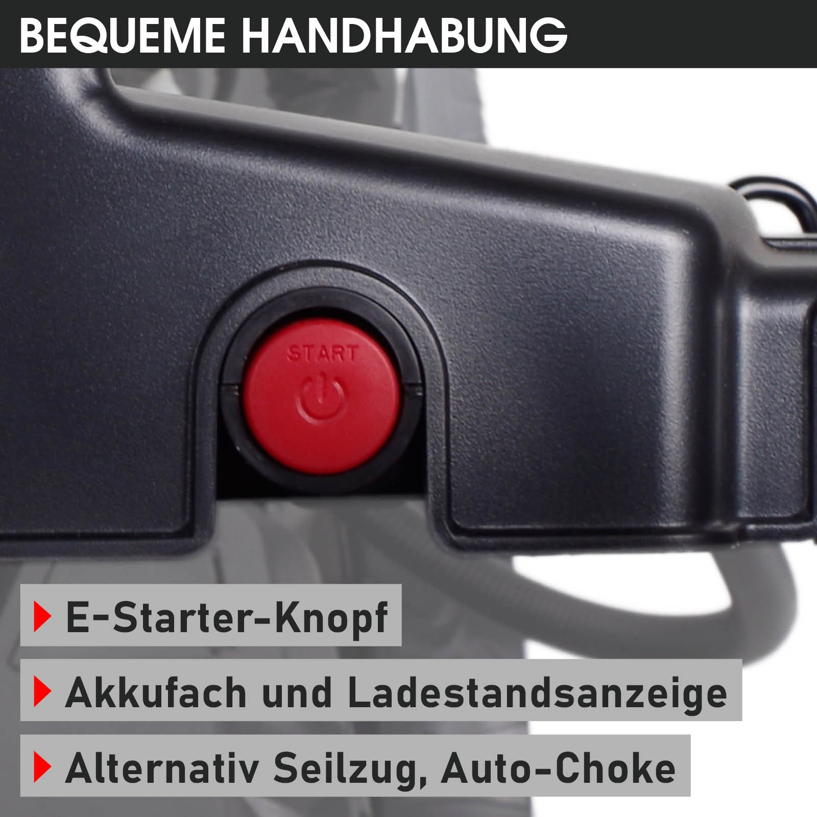 Roter E-Starter-Knopf am schwarzen Gehäuse eines Benzin-Rasenmähers mit Bedienhinweistext.