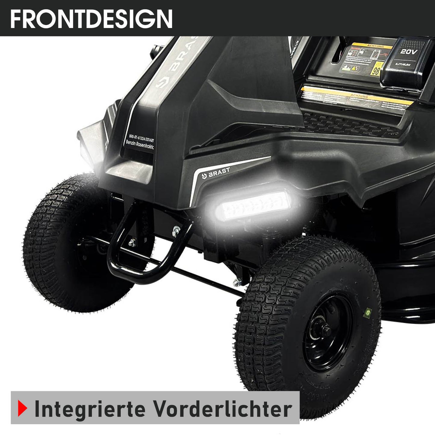 Schwarzer BRAST Aufsitzmäher Estart mit integriertem Vorderlicht und 7PS Motor, XXL Schnittbreite.