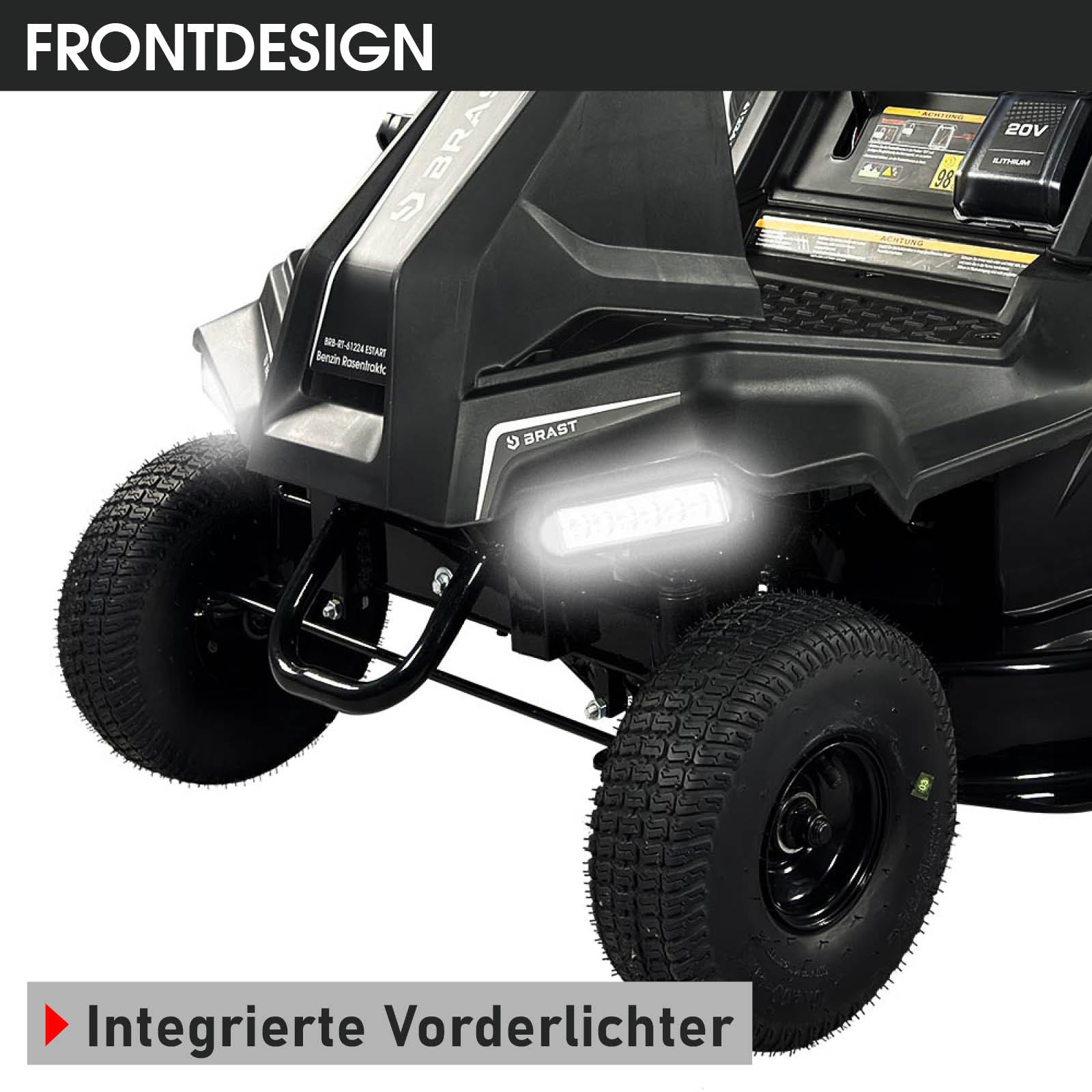 Schwarzer BRAST Aufsitzmäher Estart mit integriertem Vorderlicht und 7PS Motor, XXL Schnittbreite.
