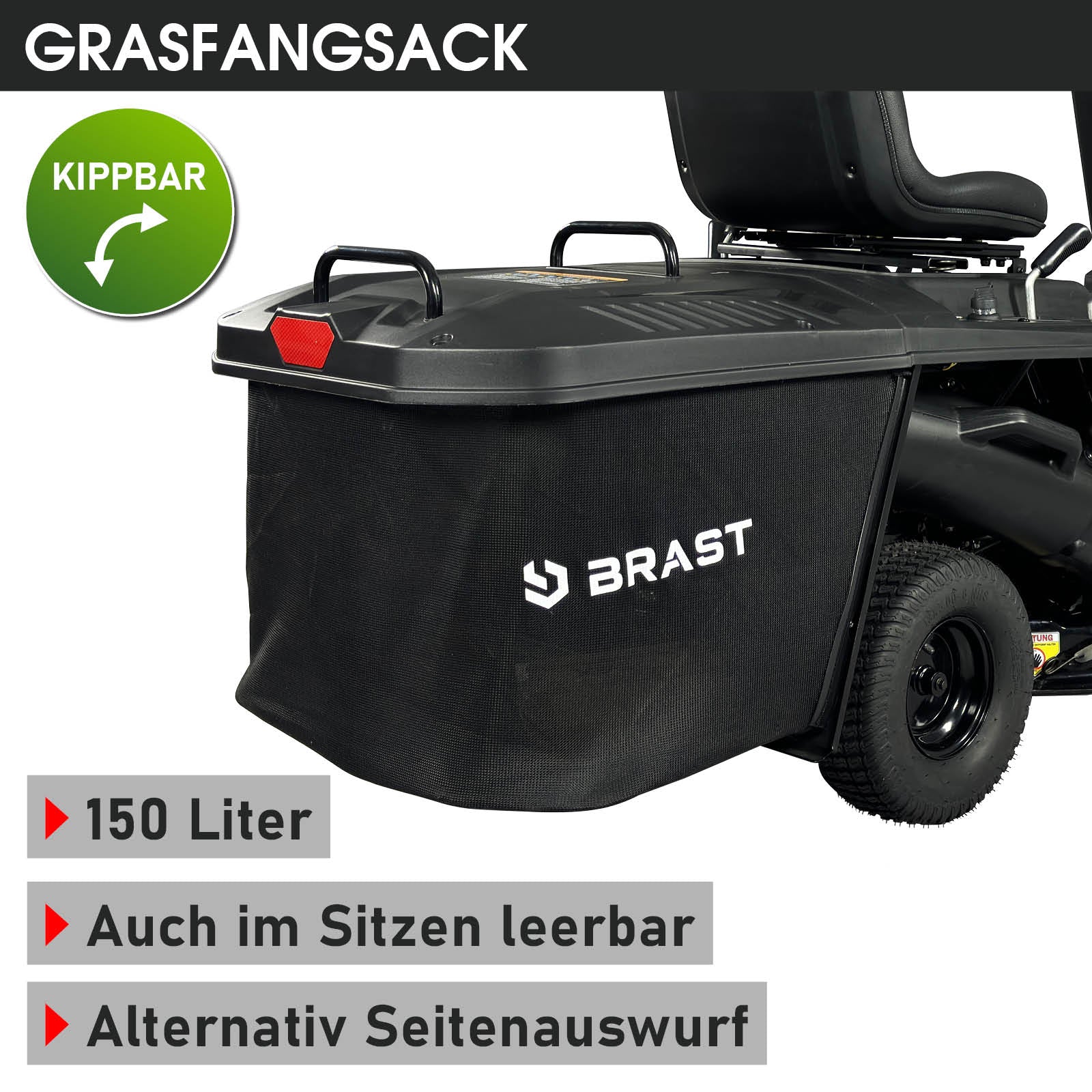 Schwarzer Grasfangsack für BRAST Aufsitzmäher mit 150 Liter Fassungsvermögen und Kippsystem, passend zu Estart-Modell.