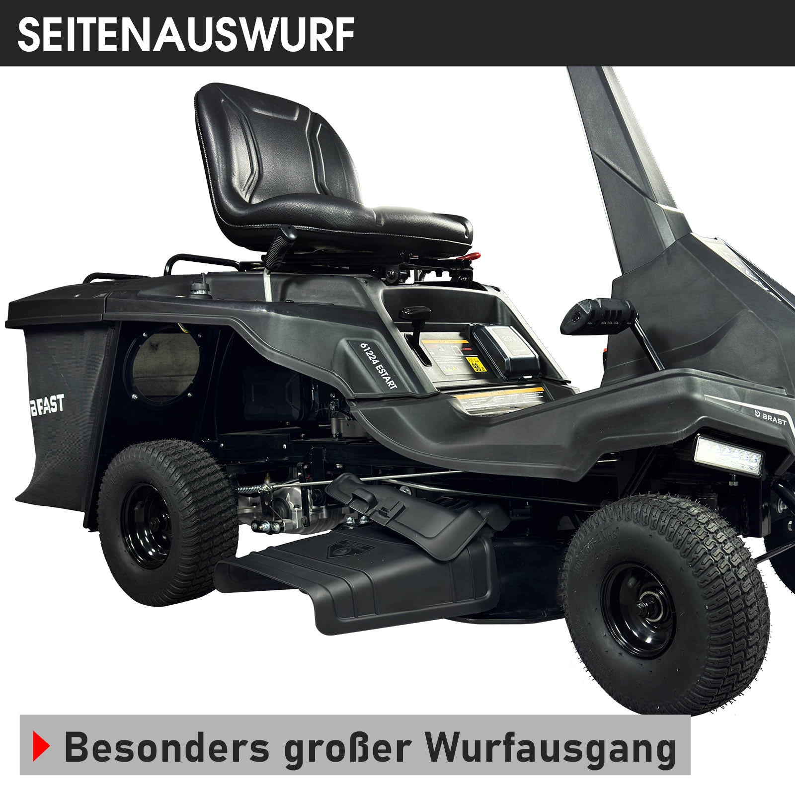 Schwarzer BRAST Aufsitzmäher mit Estart, XXL Schnittbreite und 7PS Motor.