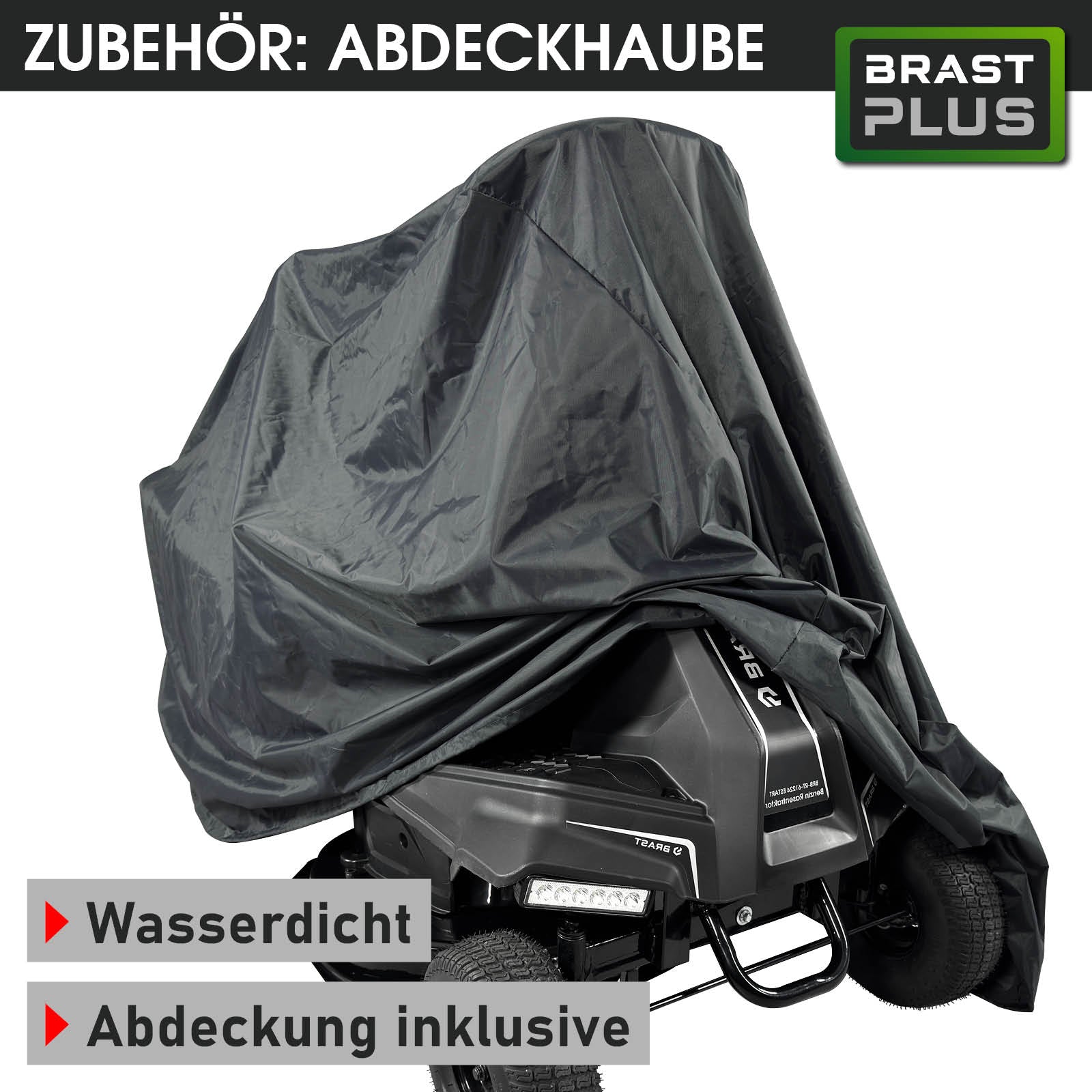 Schwarze, wasserdichte Abdeckhaube für BRAST Aufsitzmäher Estart mit XXL Schnittbreite und 7PS.