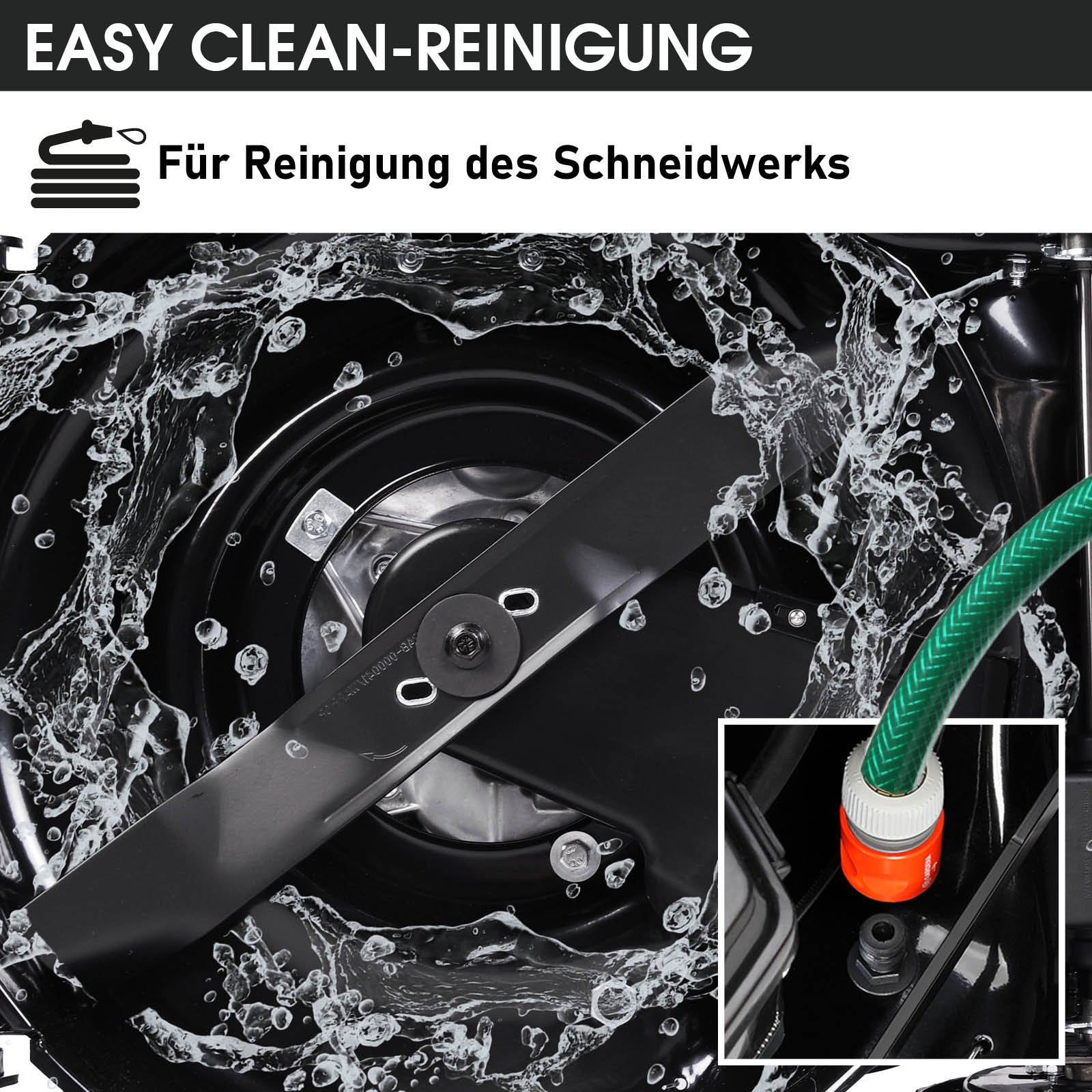 Aufsitzmäher Estart Schneidwerk mit XXL Schnittbreite und 7PS Motor, Wasserdusche Reinigungssystem.