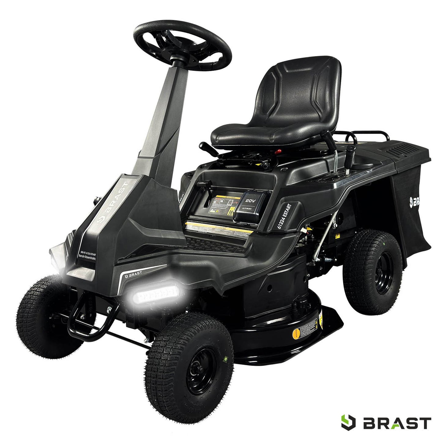 Schwarzer BRAST Aufsitzmäher Estart mit XXL Schnittbreite, 7PS Motor und Komfortsitz.