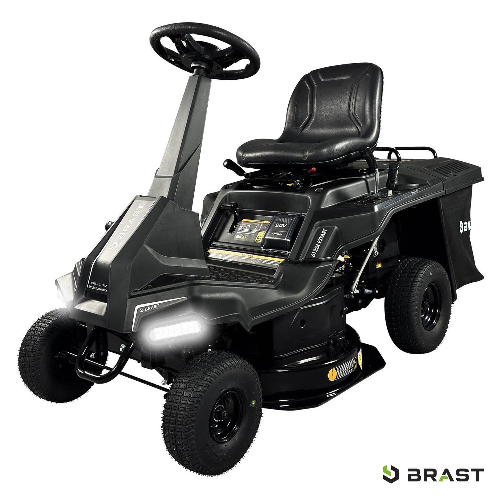 Schwarzer BRAST Aufsitzmäher Estart mit XXL Schnittbreite, 7PS Motor und Komfortsitz.