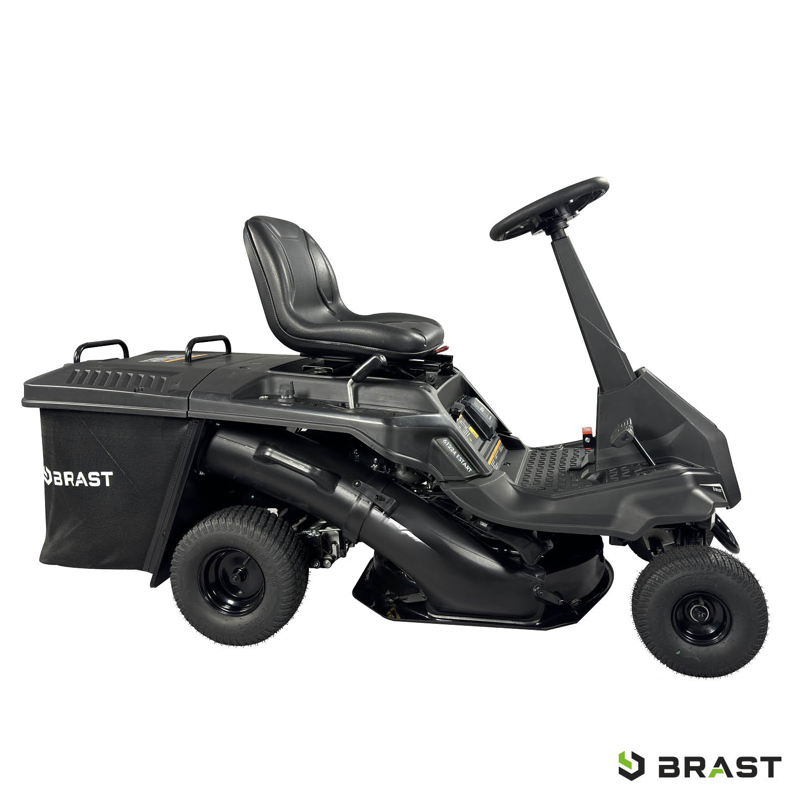 Schwarzer BRAST Aufsitzmäher mit ESTART, XXL Schnittbreite, 7PS Motor und Fangkorb.