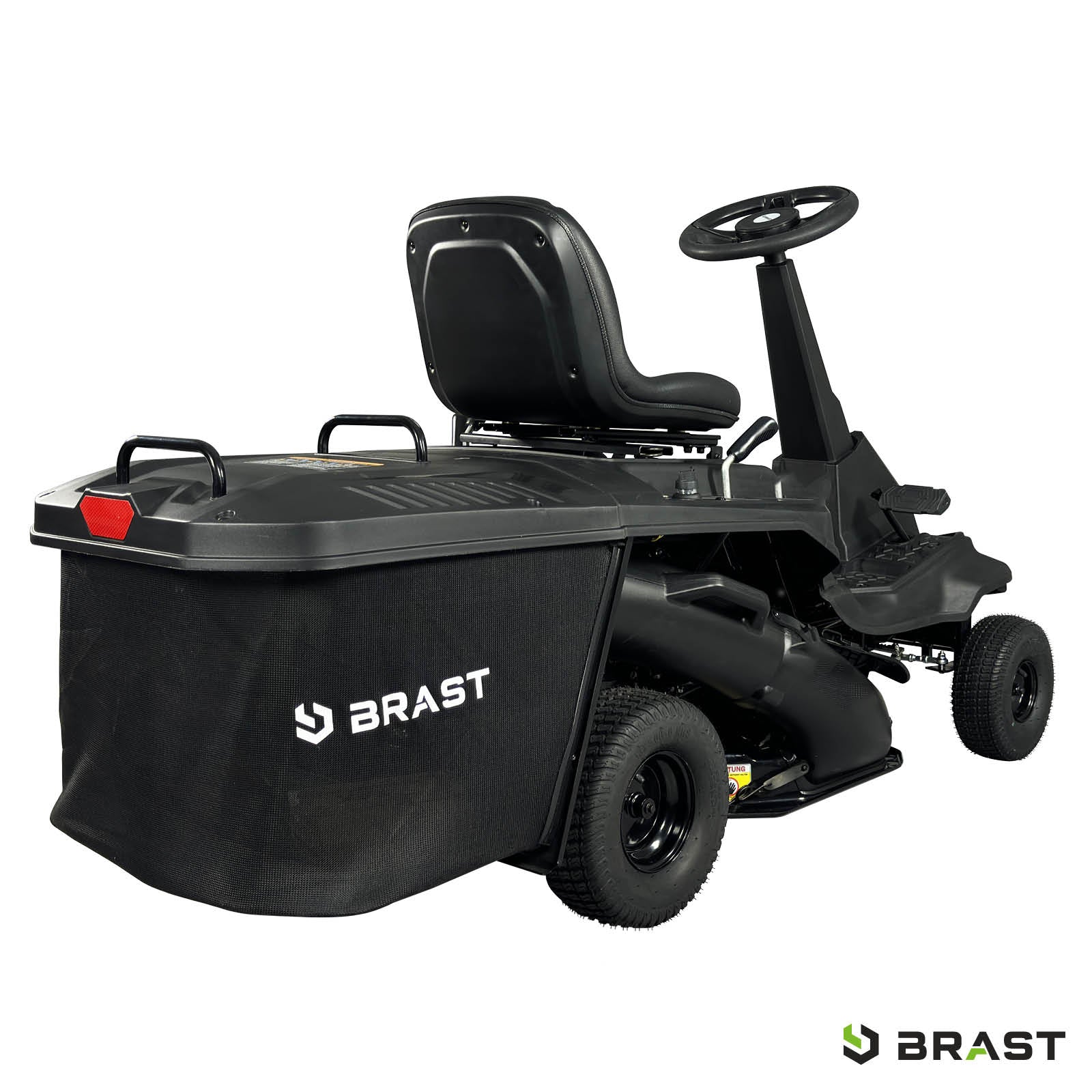Schwarzer BRAST Aufsitzmäher mit Estart, XXL Schnittbreite, 7PS Motor und Fangkorb.