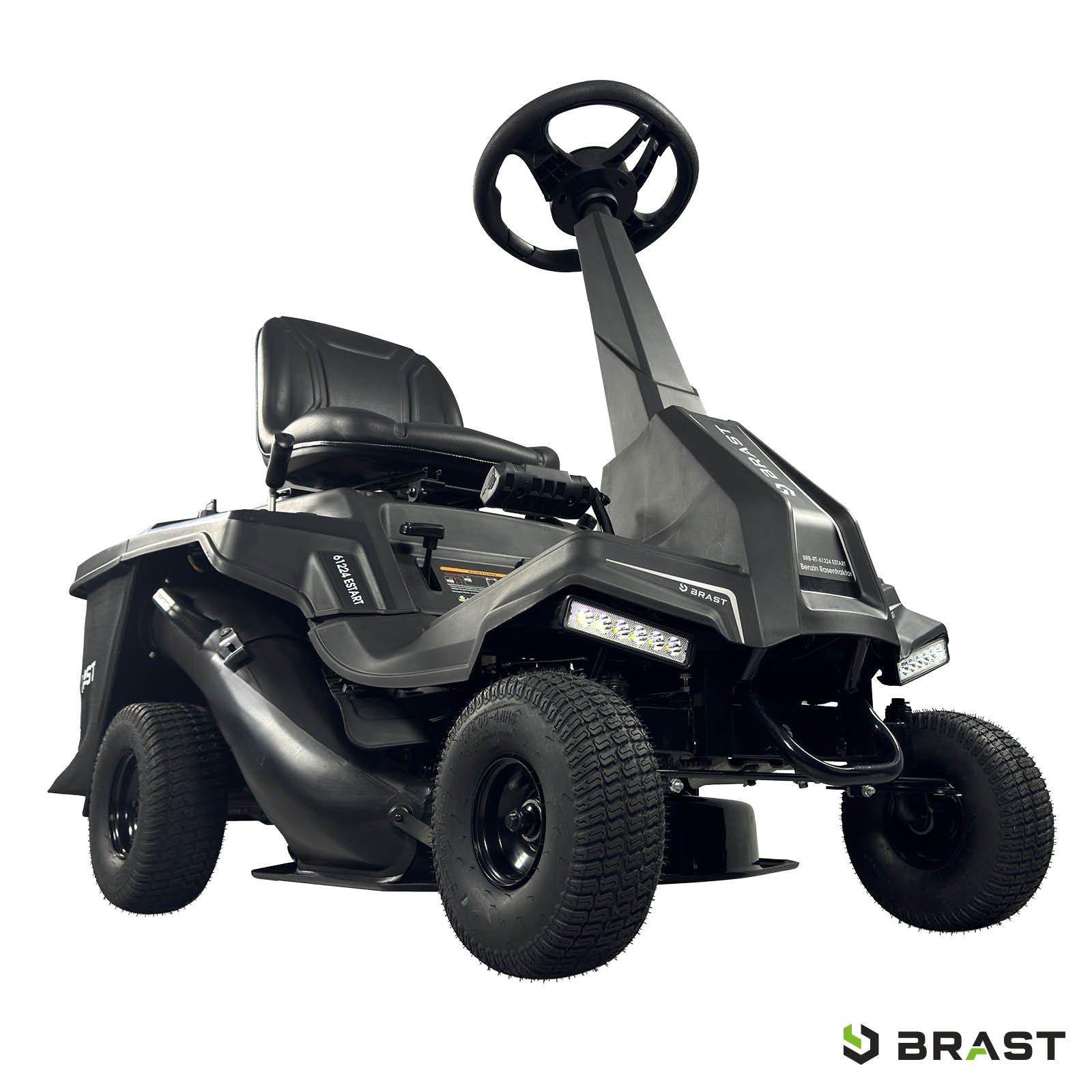 Schwarzer BRAST Aufsitzmäher mit Estart, XXL Schnittbreite und 7PS Motor, komfortabler Sitz.