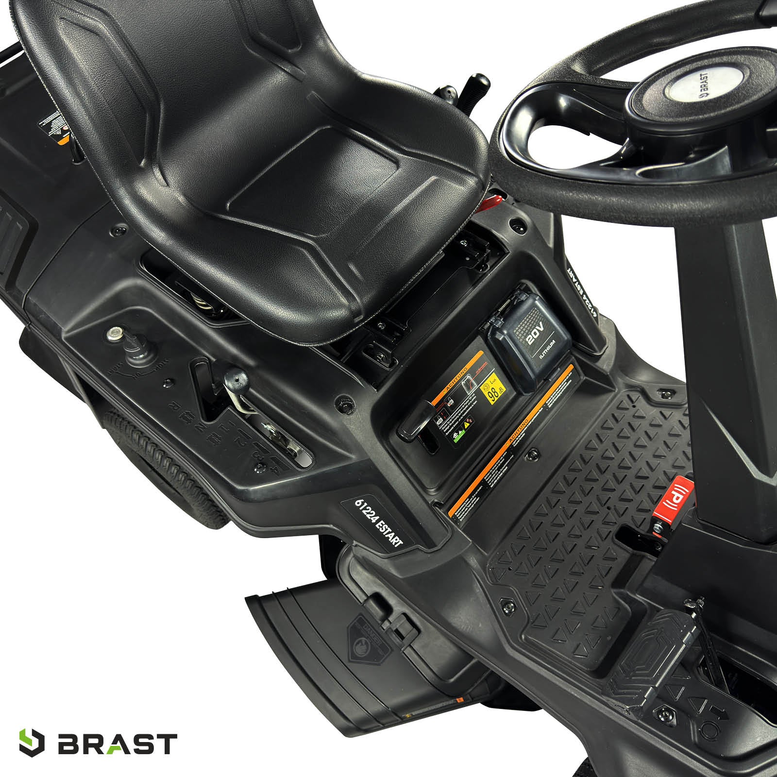 Schwarzer BRAST Aufsitzmäher mit Estart, ergonomischem Sitz und XXL Schnittbreite, 7PS Motorsteuerung.