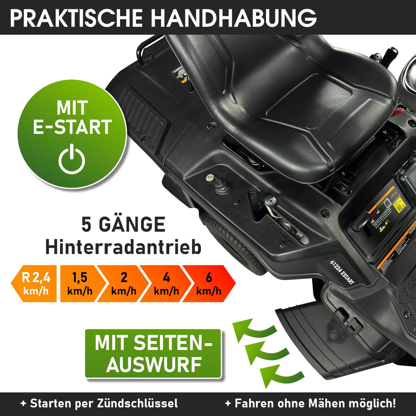 Schwarzer BRAST Aufsitzmäher mit Estart, 7 PS, XXL Schnittbreite und 5-Gang-Hinterradantrieb.