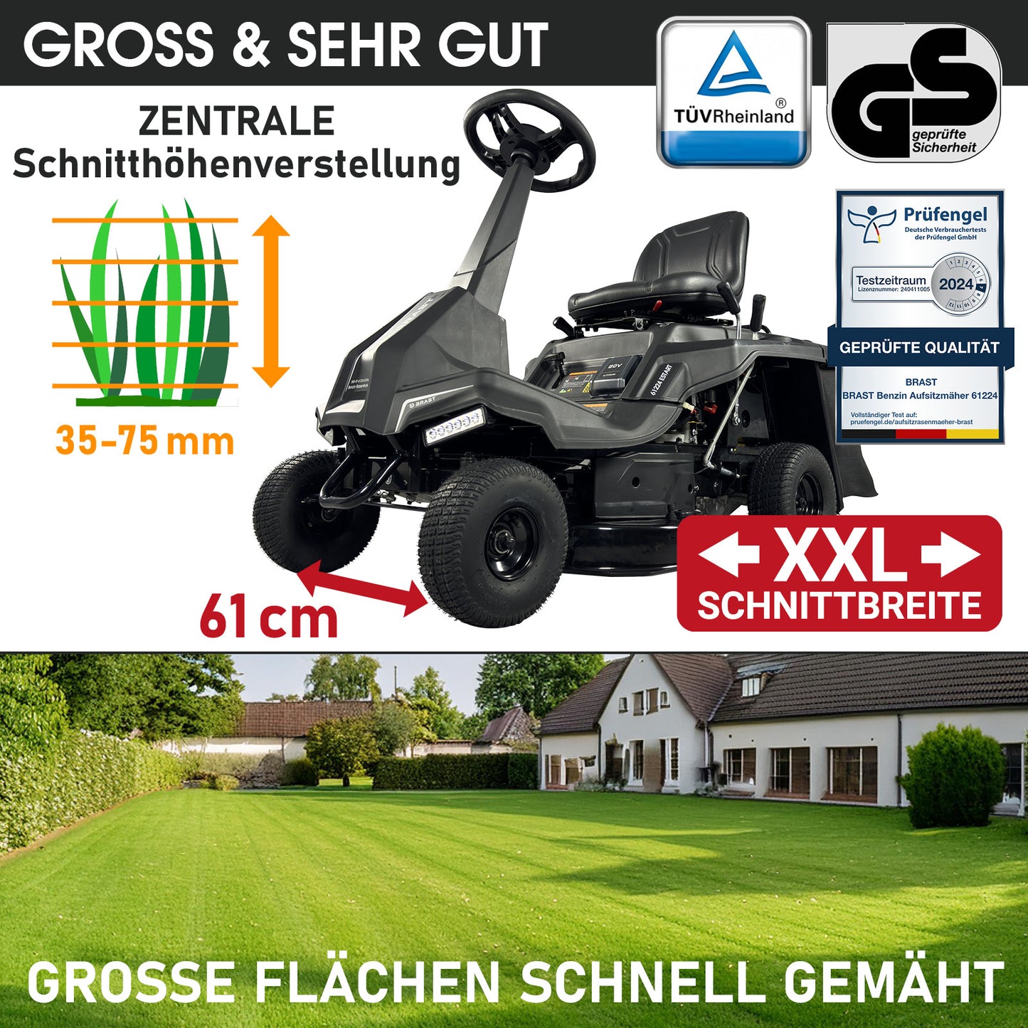 Schwarzer BRAST Aufsitzmäher 61224 ESTART mit 7PS Motor und XXL Schnittbreite von 61 cm.