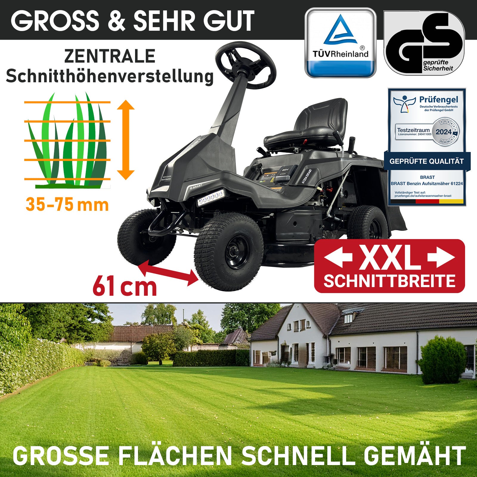 Schwarzer BRAST Aufsitzmäher 61224 ESTART mit 7PS Motor und XXL Schnittbreite von 61 cm.
