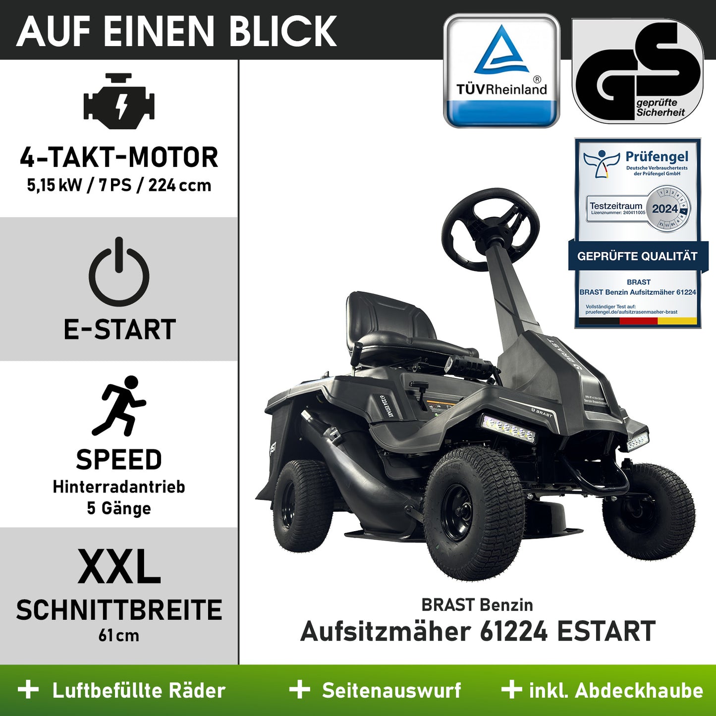 Schwarzer BRAST Benzin Aufsitzmäher 61224 ESTART mit XXL Schnittbreite 61 cm und 7PS Motor.