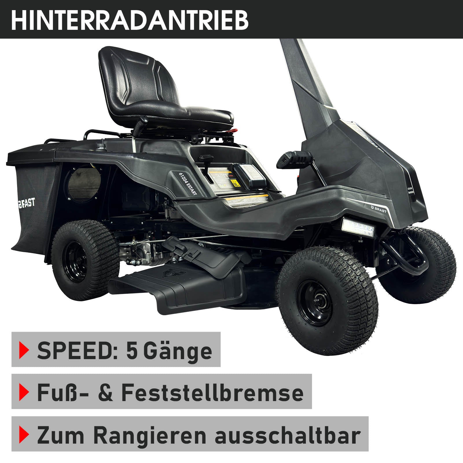 Schwarzer BRAST Aufsitzmäher mit Estart und XXL Schnittbreite, 7PS Motor, 5-Gang-Schaltung, Fuß- und Feststellbremse,.