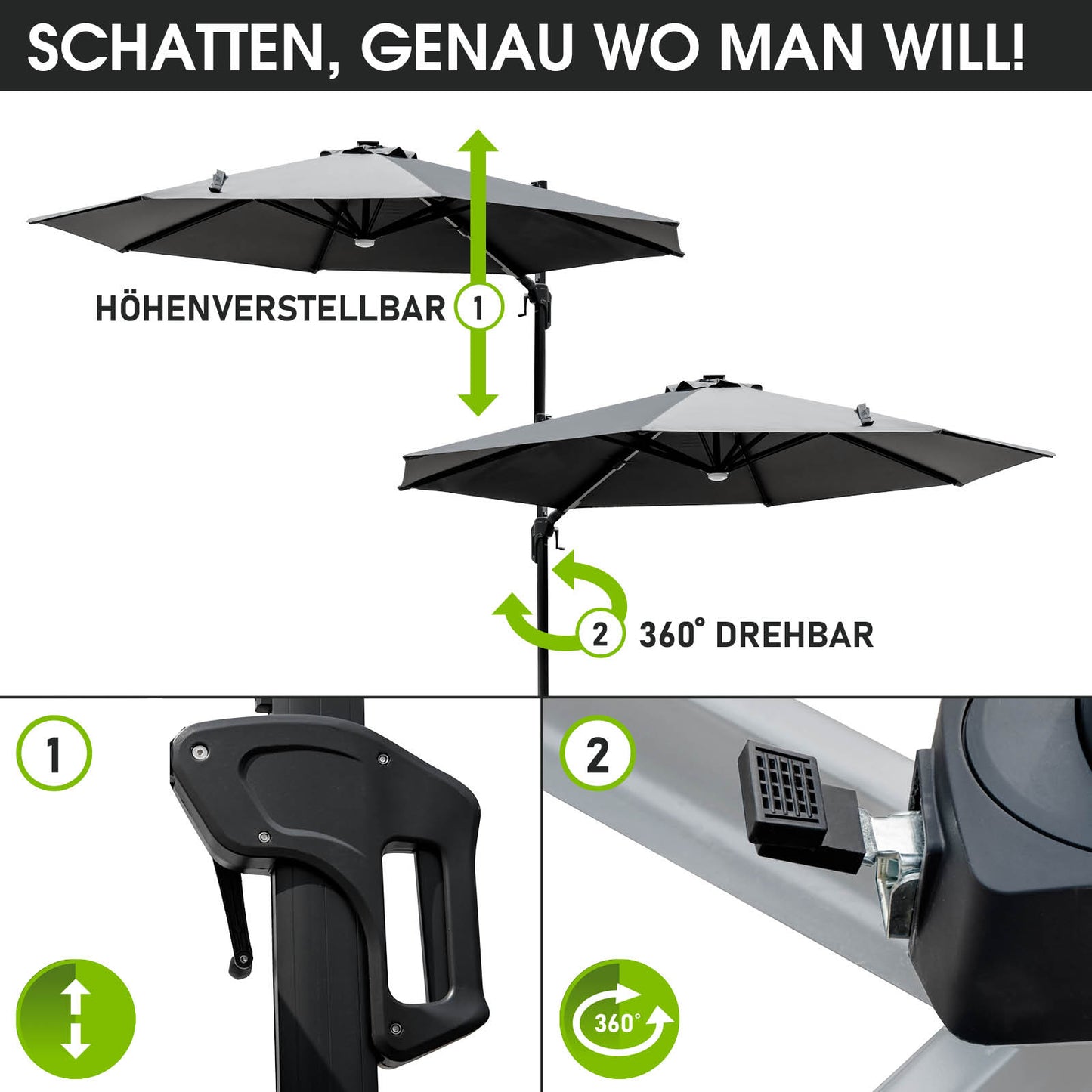 Grau rechteckiger Sonnenschirm 300 cm, höhenverstellbar, 360° drehbarer Aluminium Gartenschirm mit LED für Balkon und.