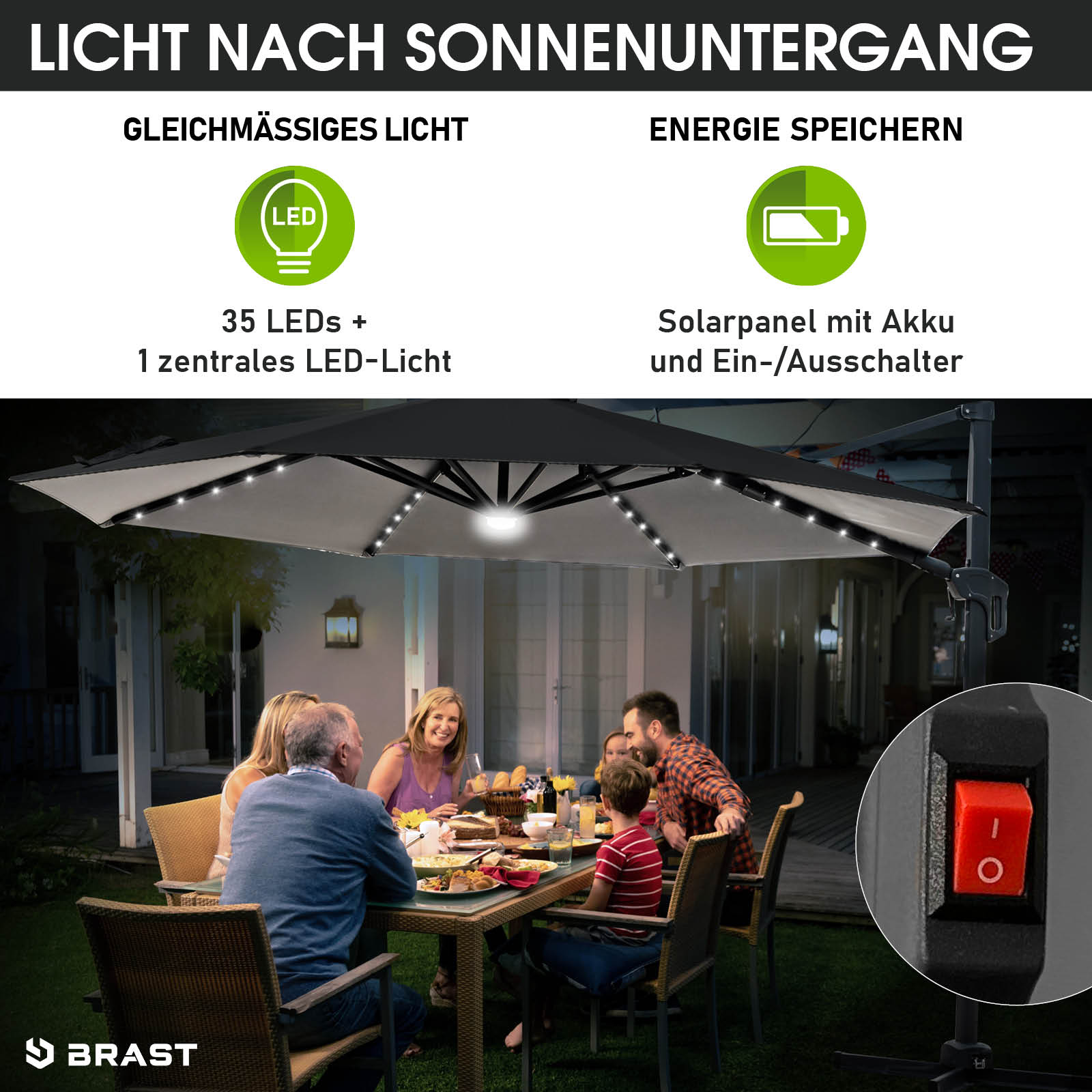 Grau rechteckiger Ampelschirm 300cm mit LED-Beleuchtung, Gartenschirm für Terrasse und Balkon.