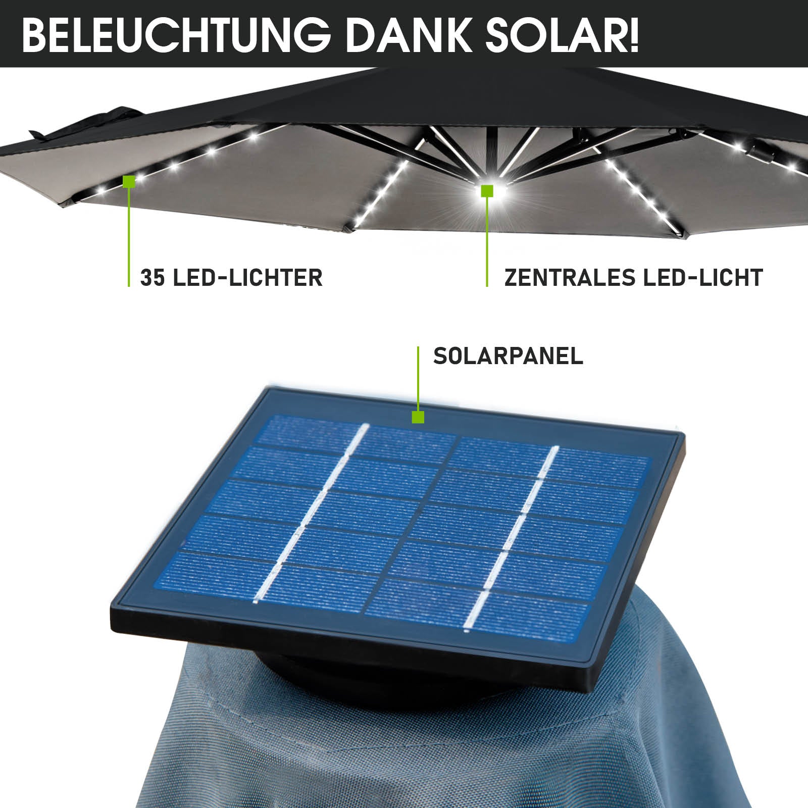 Grau rechteckiger Alu Gartenschirm mit Solar-LED-Beleuchtung, ideal für Sonnenschirme Balkon und Terrasse, Ampelschirme mit.