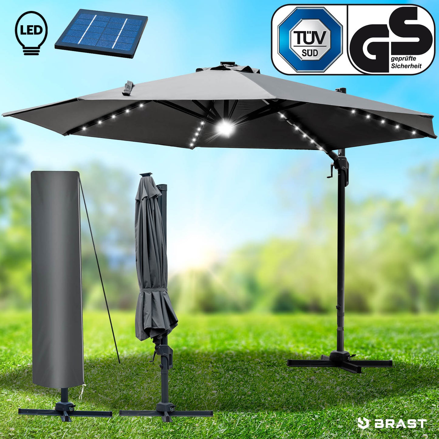 Grauer rechteckiger Ampelschirm mit LED-Beleuchtung, Gartenschirm für Terrasse und Balkon.