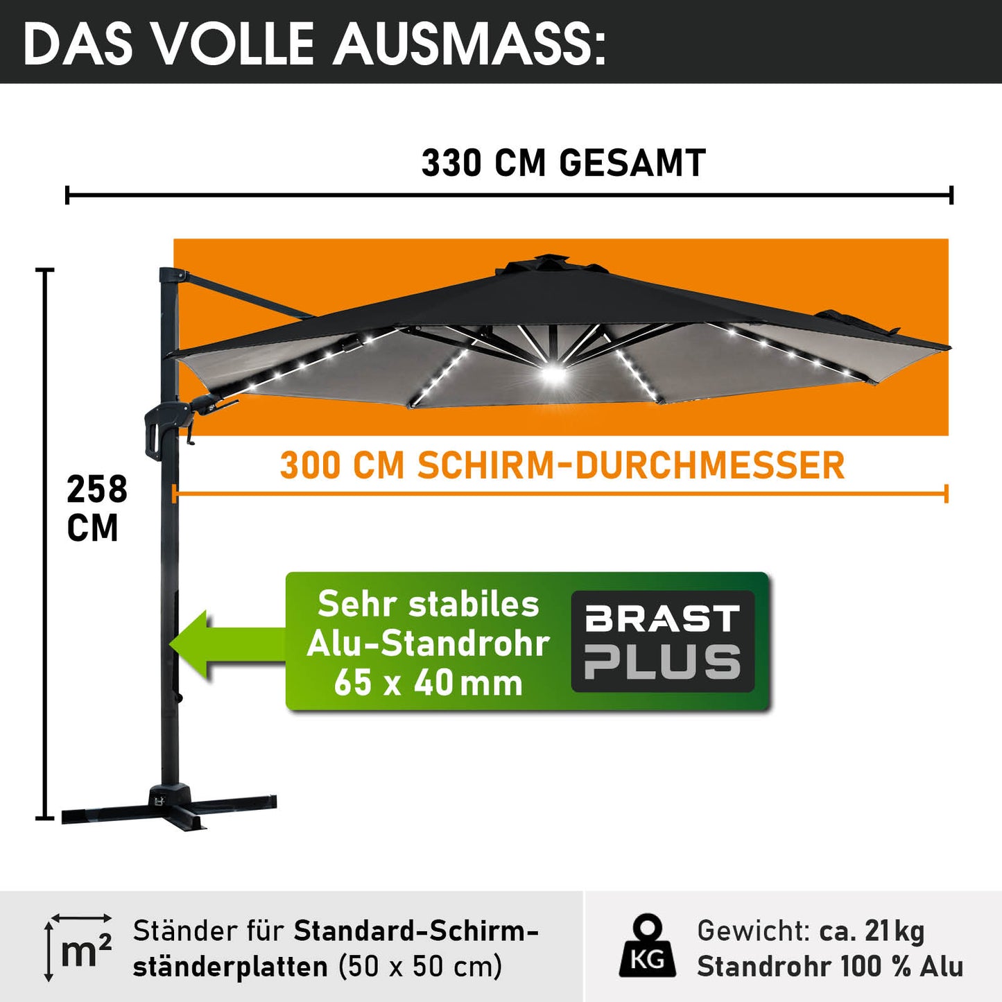 Grau rechteckiger Alu Ampelschirm 300 cm Durchmesser mit LED-Beleuchtung für Terrasse und Balkon.