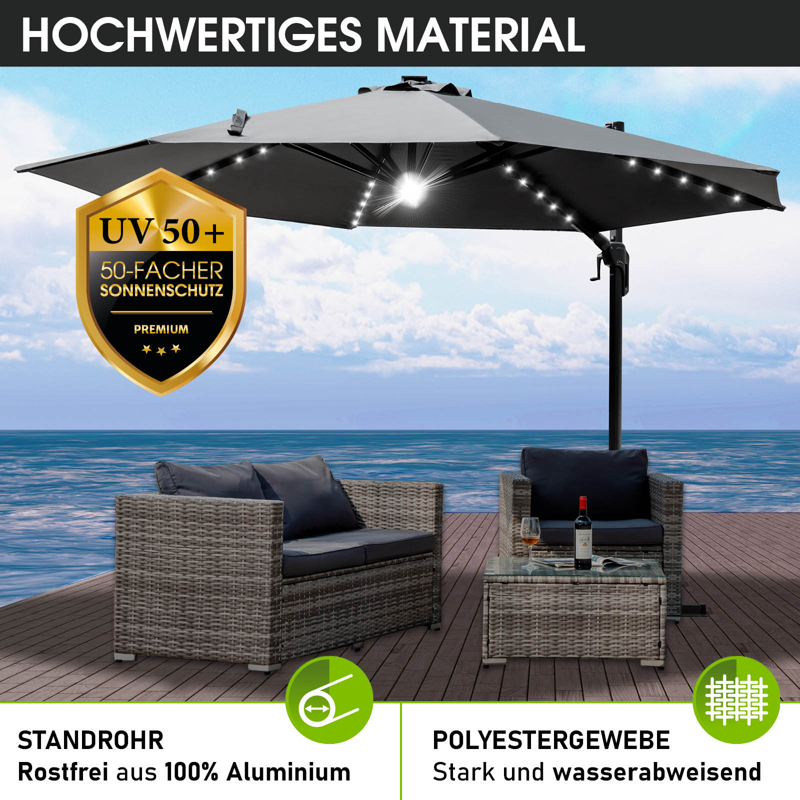 Grau rechteckiger Alu Ampelschirm 300 cm mit LED-Beleuchtung, Sonnenschirm Terrasse und Balkon, wetterfester Gartenschirm.