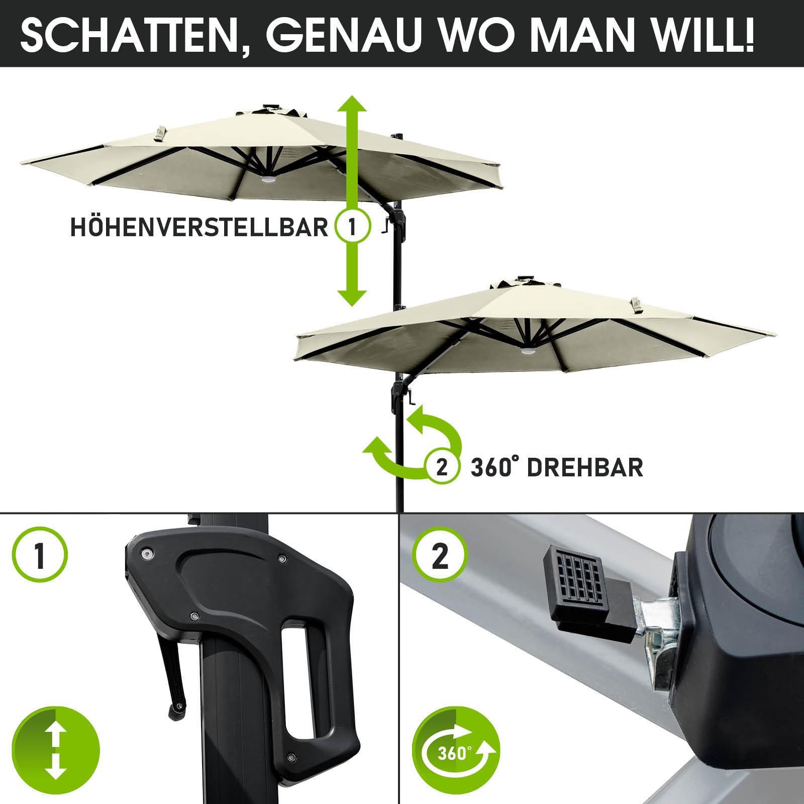 Beiger rechteckiger Sonnenschirm Terrasse mit aluminiumgestell und 360 Grad drehbarem Ampelschirmstiel.
