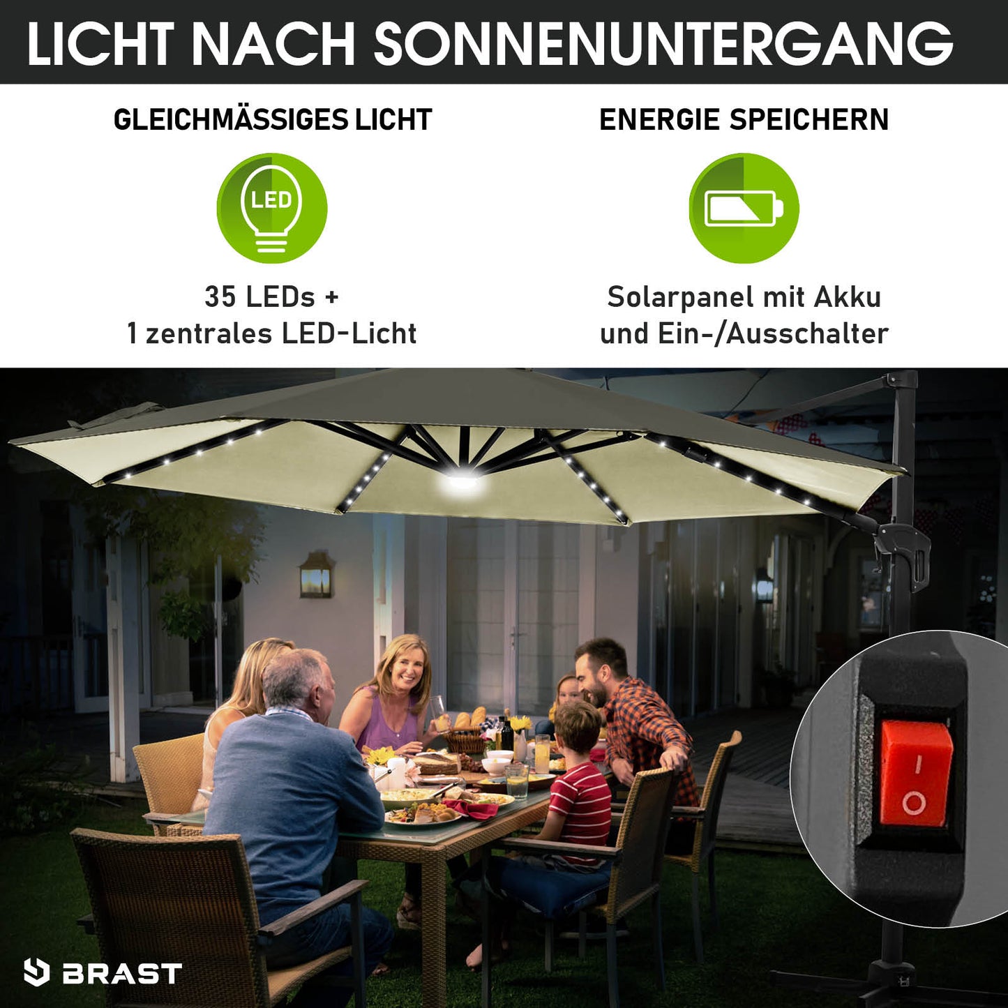 Beiger rechteckiger Alu Sonnenschirm mit LED-Beleuchtung, Gartenschirm für Terrasse und Balkon, moderner Ampelschirm.
