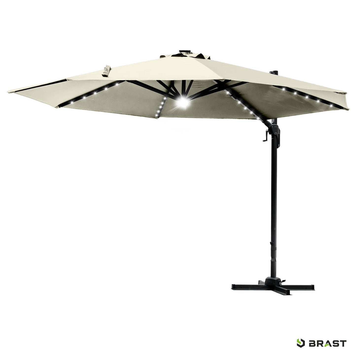 Beiger rechteckiger Alu-Ampelschirm mit LED, Gartenschirm für Balkon und Terrasse.