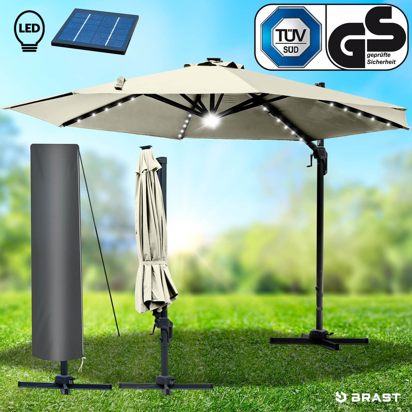 Beiger rechteckiger Alu Ampelschirm mit LED-Beleuchtung, Gartenschirm für Terrasse und Balkon.