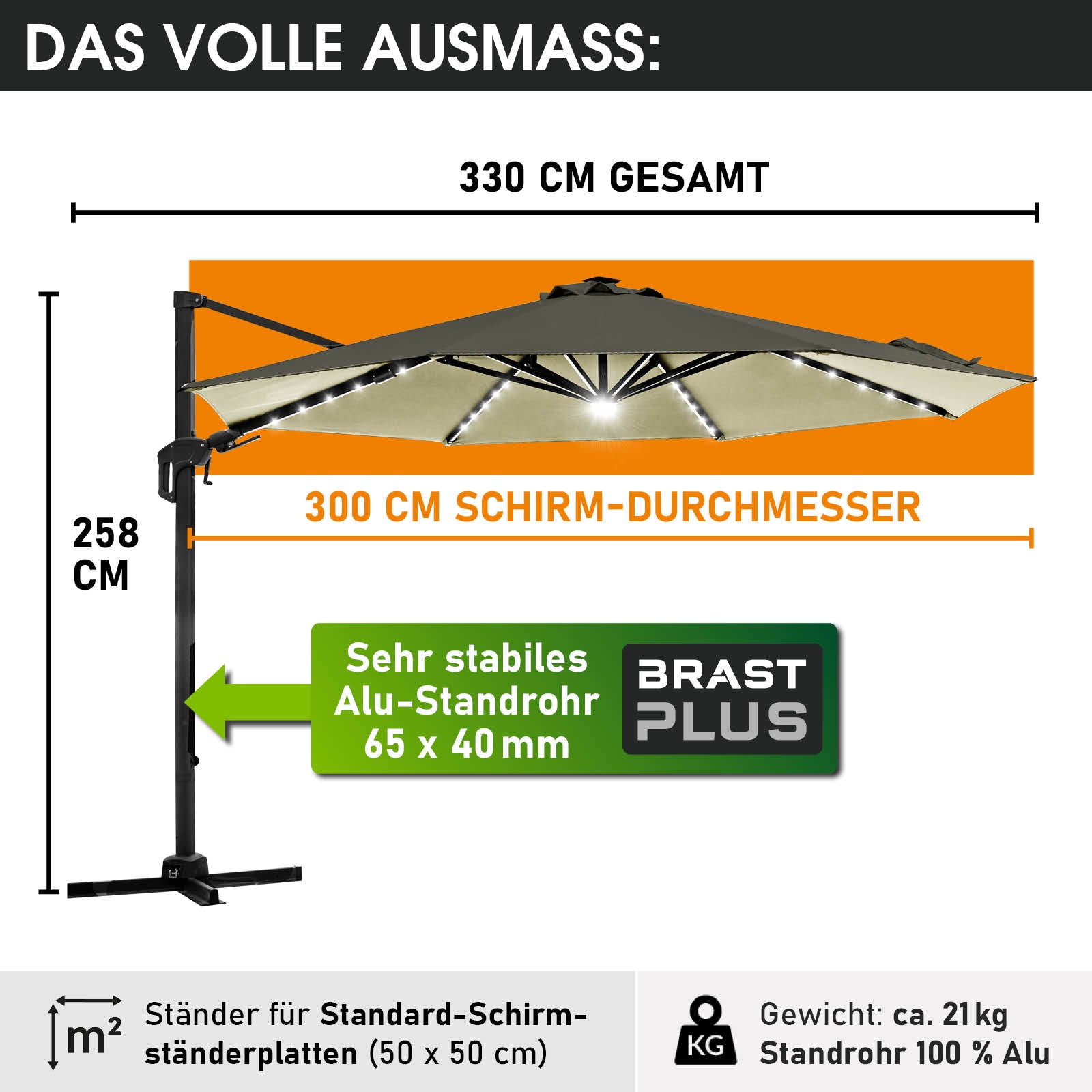 Beiger rechteckiger Alu Ampelschirm 300 cm mit stabilem Aluständer und LED-Beleuchtung, ideal als Gartenschirm, Sonnenschirm .