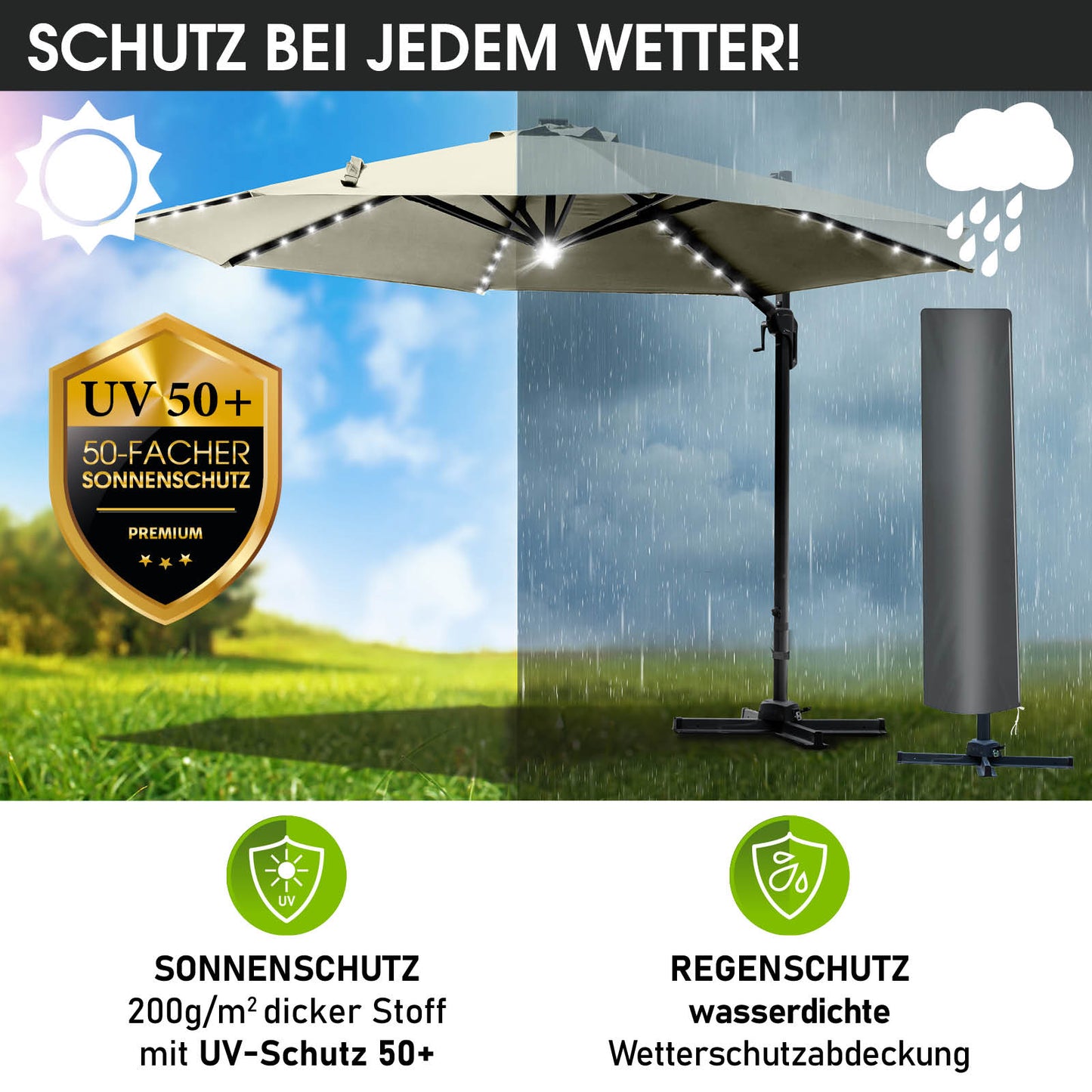 Beiger rechteckiger Alu Ampelschirm 300cm mit LED, wasserabweisender Gartenschirm für Balkon und Terrasse.