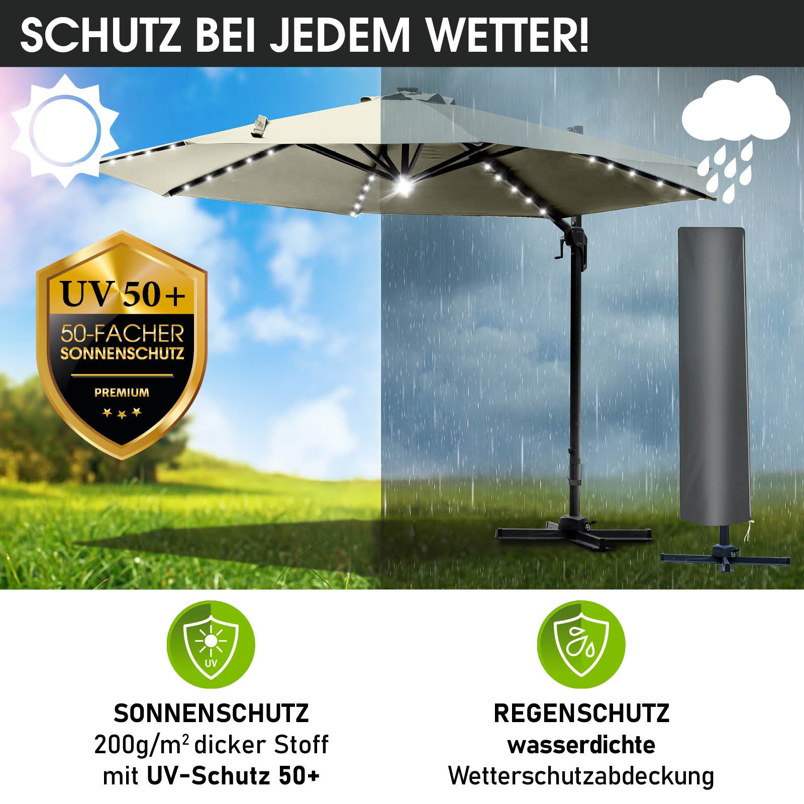 Beiger rechteckiger Alu Ampelschirm 300cm mit LED, wasserabweisender Gartenschirm für Balkon und Terrasse.