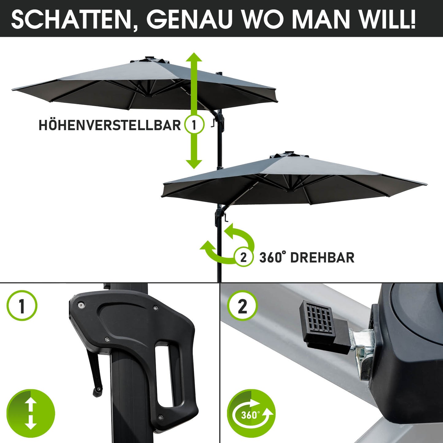 Grau rechteckiger Alu Ampelschirm 300cm mit höhenverstellbarem Ständer, 360° drehbar, ideal als sonnenschirm rechteckig und.