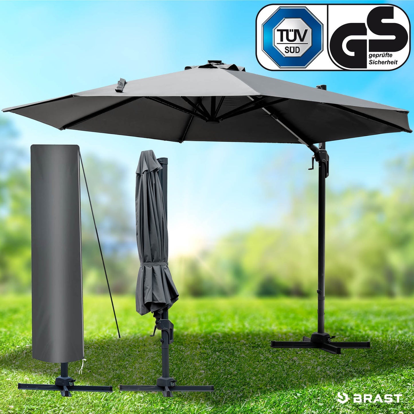 Grau rechteckiger Alu Ampelschirm 300 cm, stabiler Gartenschirm für Sonnenschirme Balkon und Terrasse.