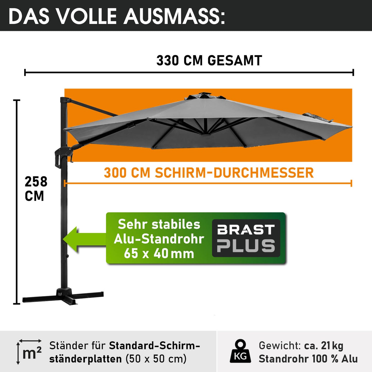 Grau rechteckiger Sonnenschirm mit stabilem Alu-Standrohr, Ampelschirm für Terrasse und Balkon, Gartenschirm 300 cm.