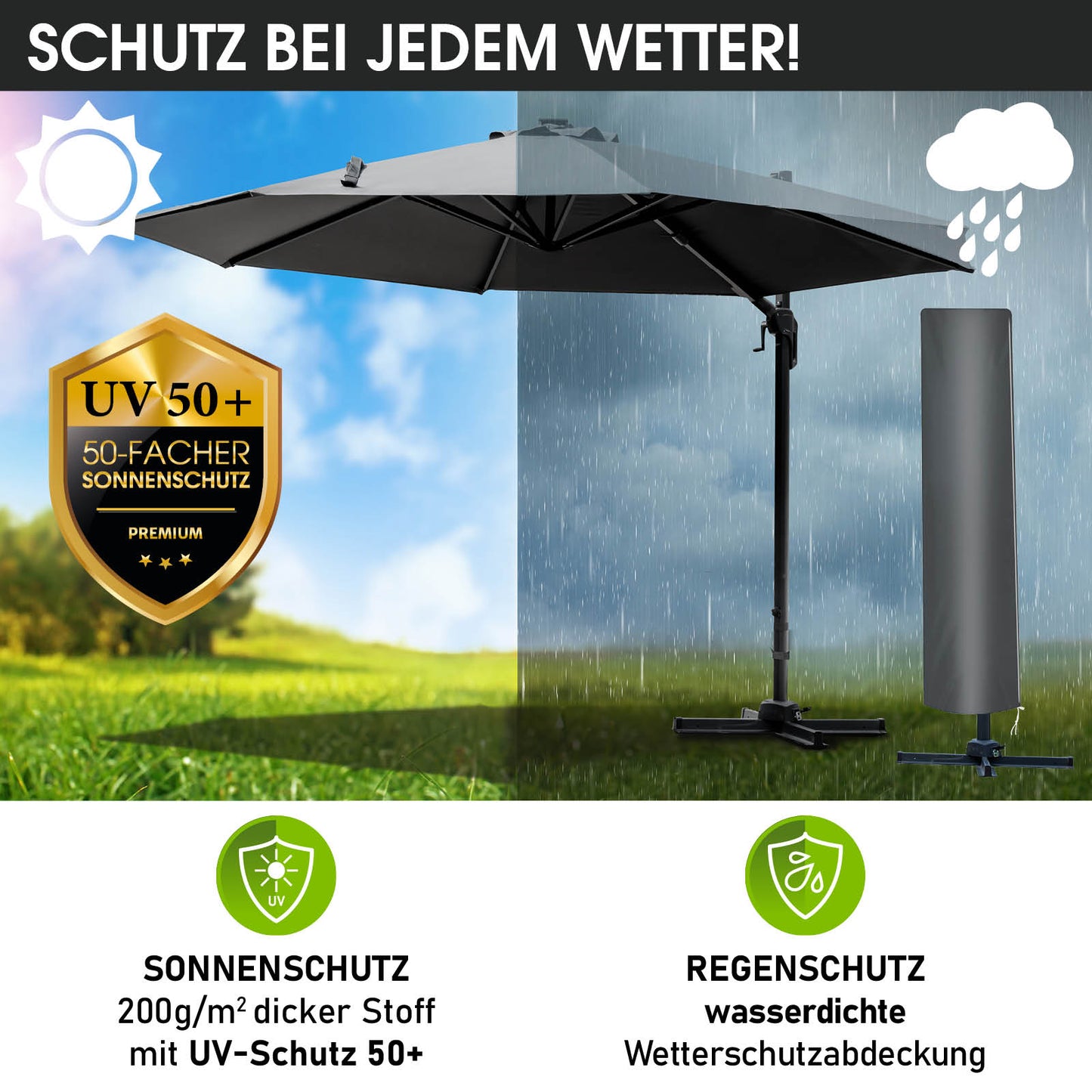 Grau rechteckiger Sonnenschirm mit stabilem Alu-Gestell, Gartenschirm für Balkon und Terrasse, wetterfester Ampelschirm.
