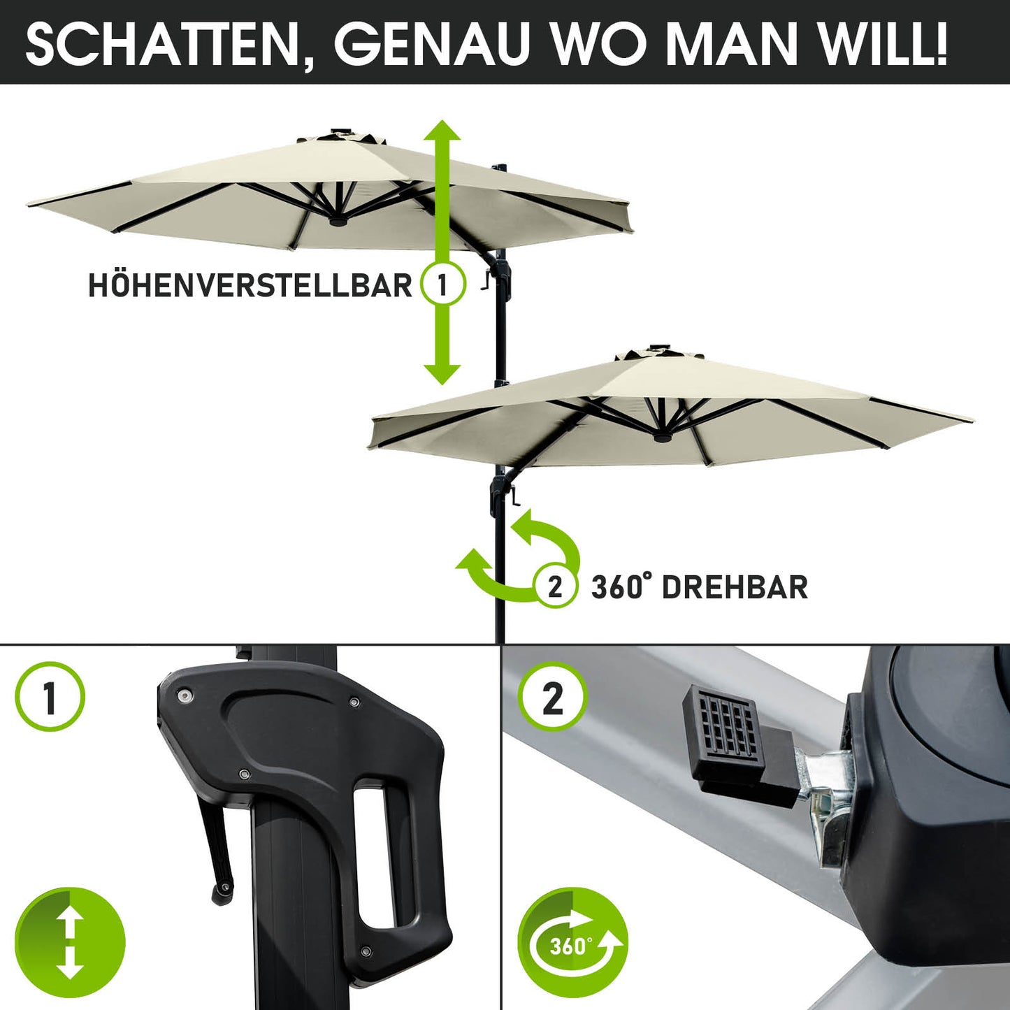 Beiger rechteckiger Alu Gartenschirm mit höhenverstellbarem Mast und 360° drehbarem Ampelschirm für Balkon und Terrasse.