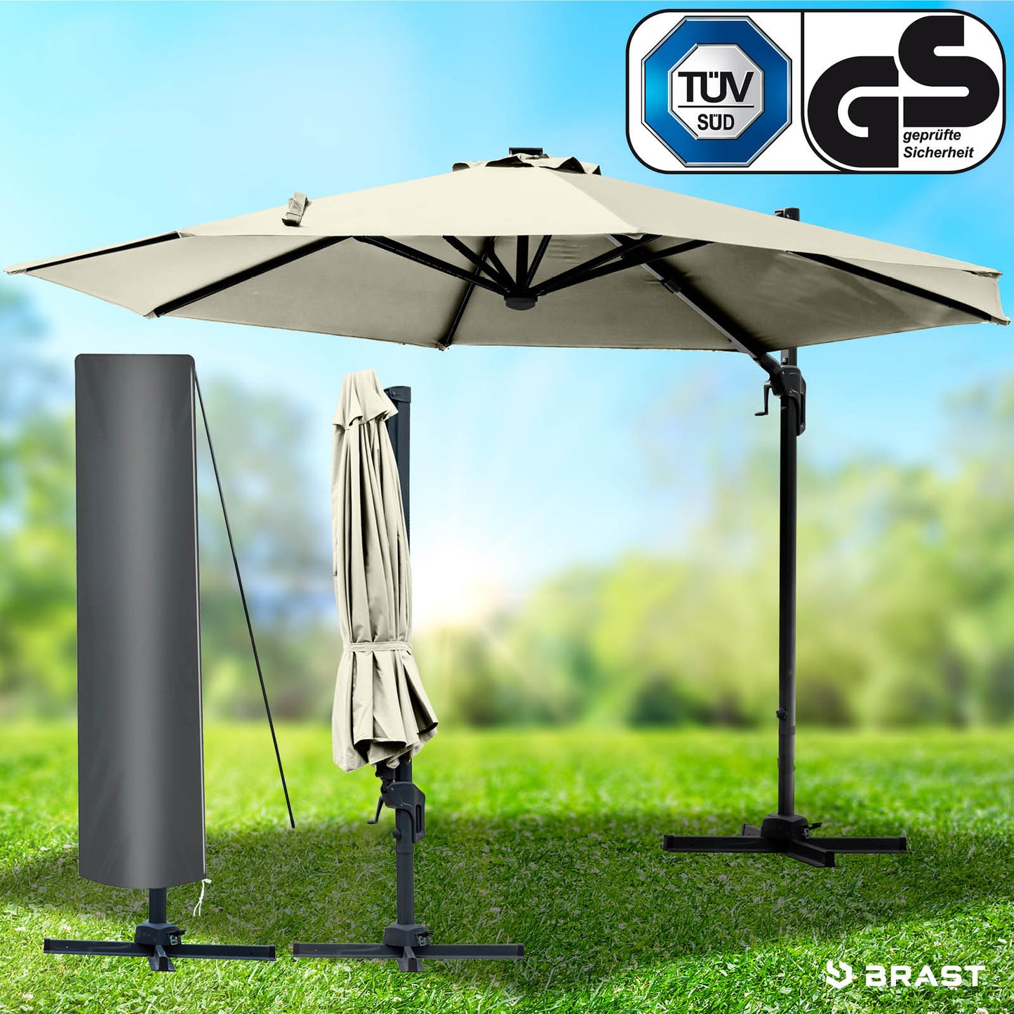 Beiger rechteckiger Alu Ampelschirm mit stabilem Gestell, ideal als Sonnenschirm Terrasse oder Gartenschirm für Balkon und.