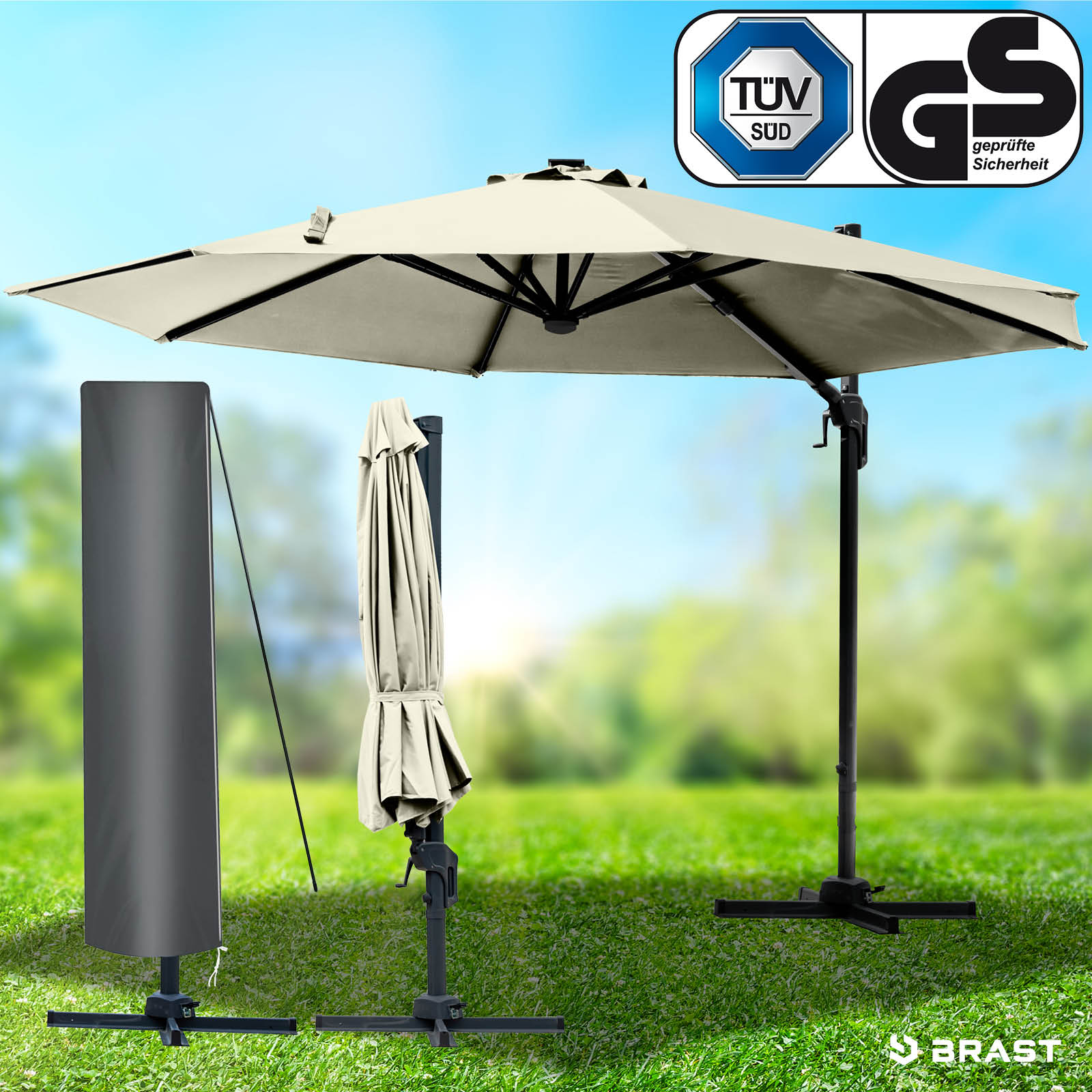 Beiger rechteckiger Alu Ampelschirm mit stabilem Gestell, ideal als Sonnenschirm Terrasse oder Gartenschirm für Balkon und.