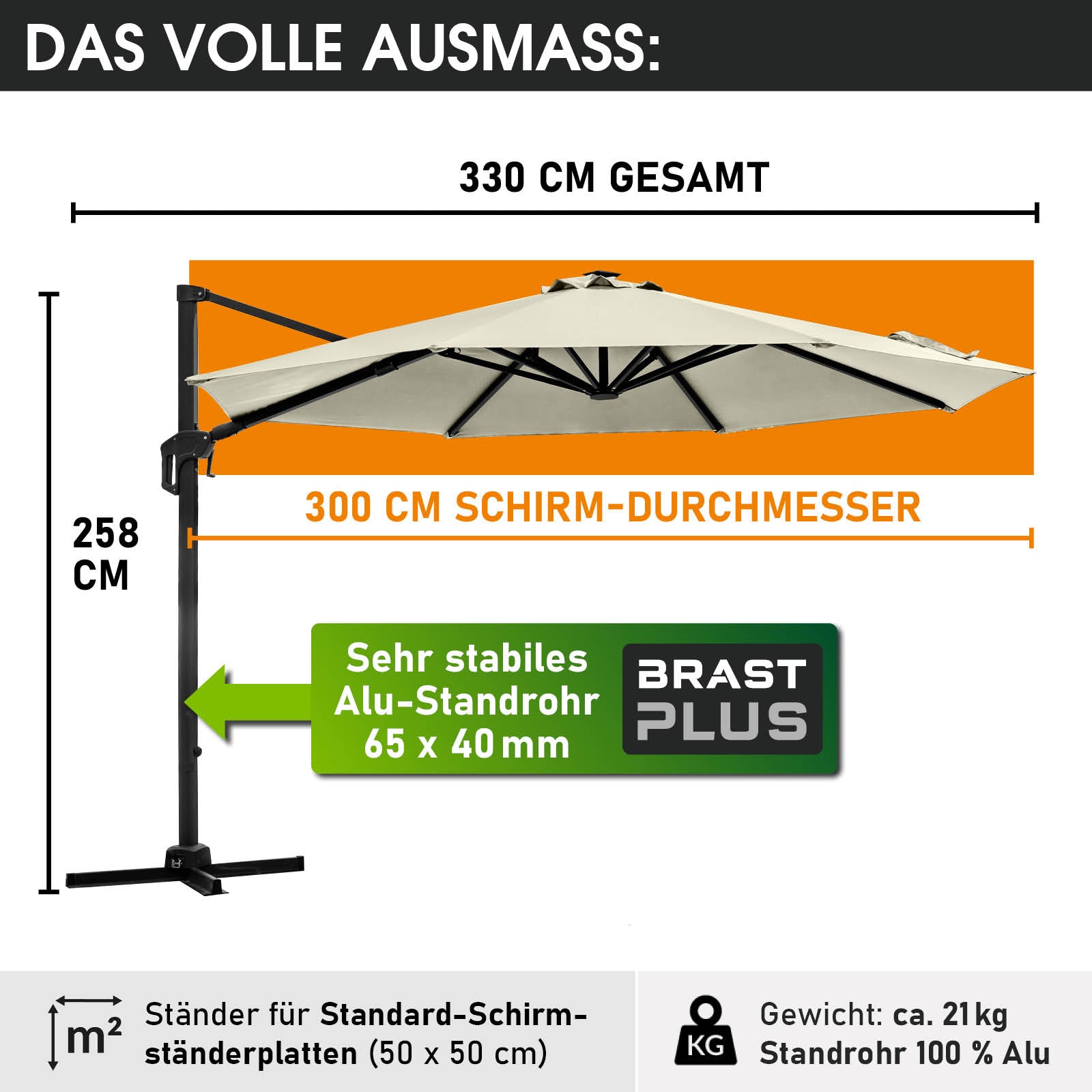 Beiger rechteckiger Alu Ampelschirm 300 cm Durchmesser, stabiler Gartenschirm für Sonnenschirme Balkon und Sonnenschirm.