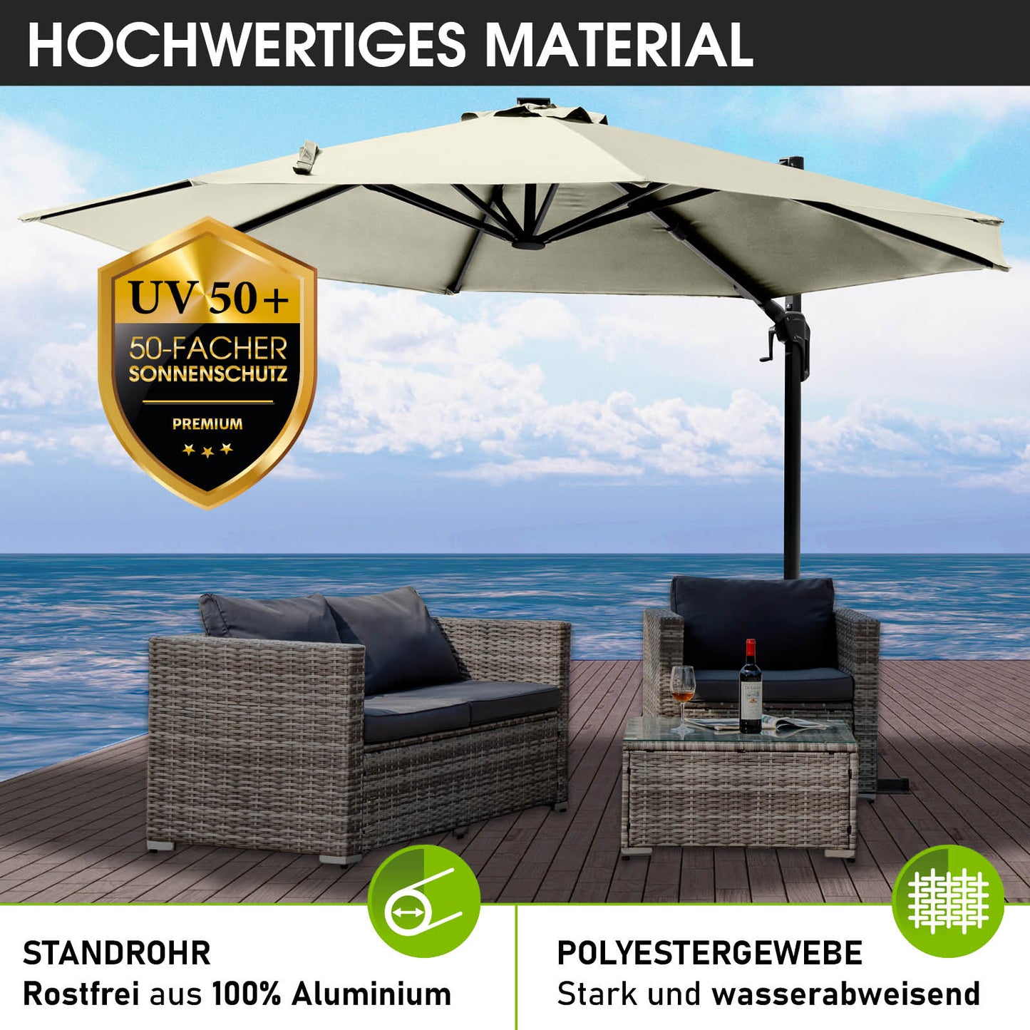 Beiger rechteckiger Alu Ampelschirm 300cm aus Polyestergewebe, ideal als Gartenschirm, Sonnenschirm Terrasse und.