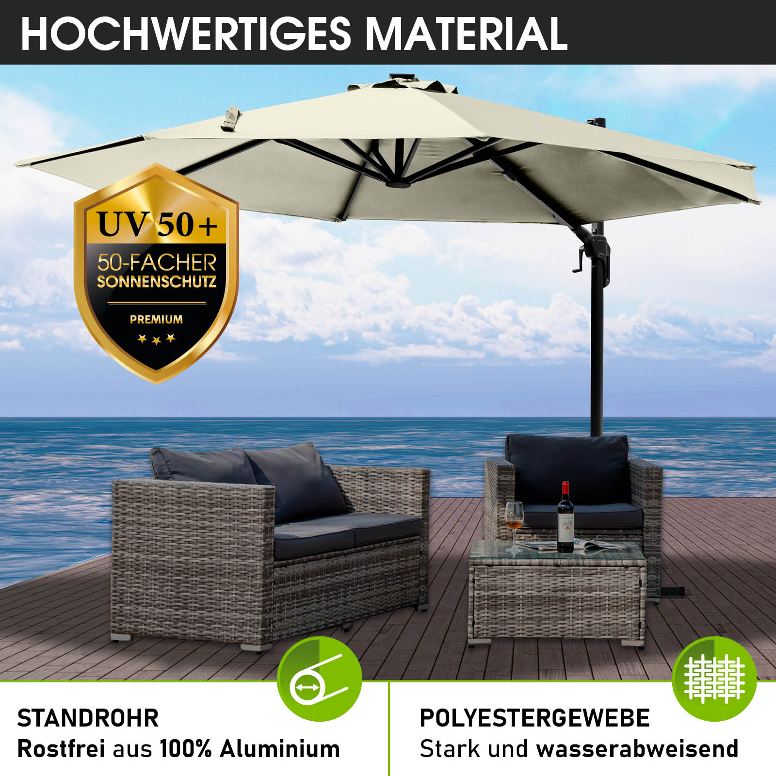 Beiger rechteckiger Alu Ampelschirm 300cm aus Polyestergewebe, ideal als Gartenschirm, Sonnenschirm Terrasse und.