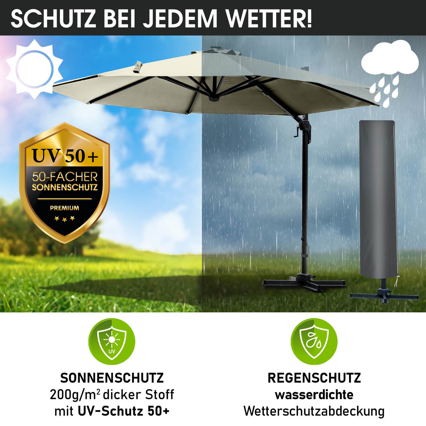 Beiger rechteckiger Alu Ampelschirm 300 cm, wasserdichter Gartenschirm für Balkon und Terrasse, UV-Schutz 50+.